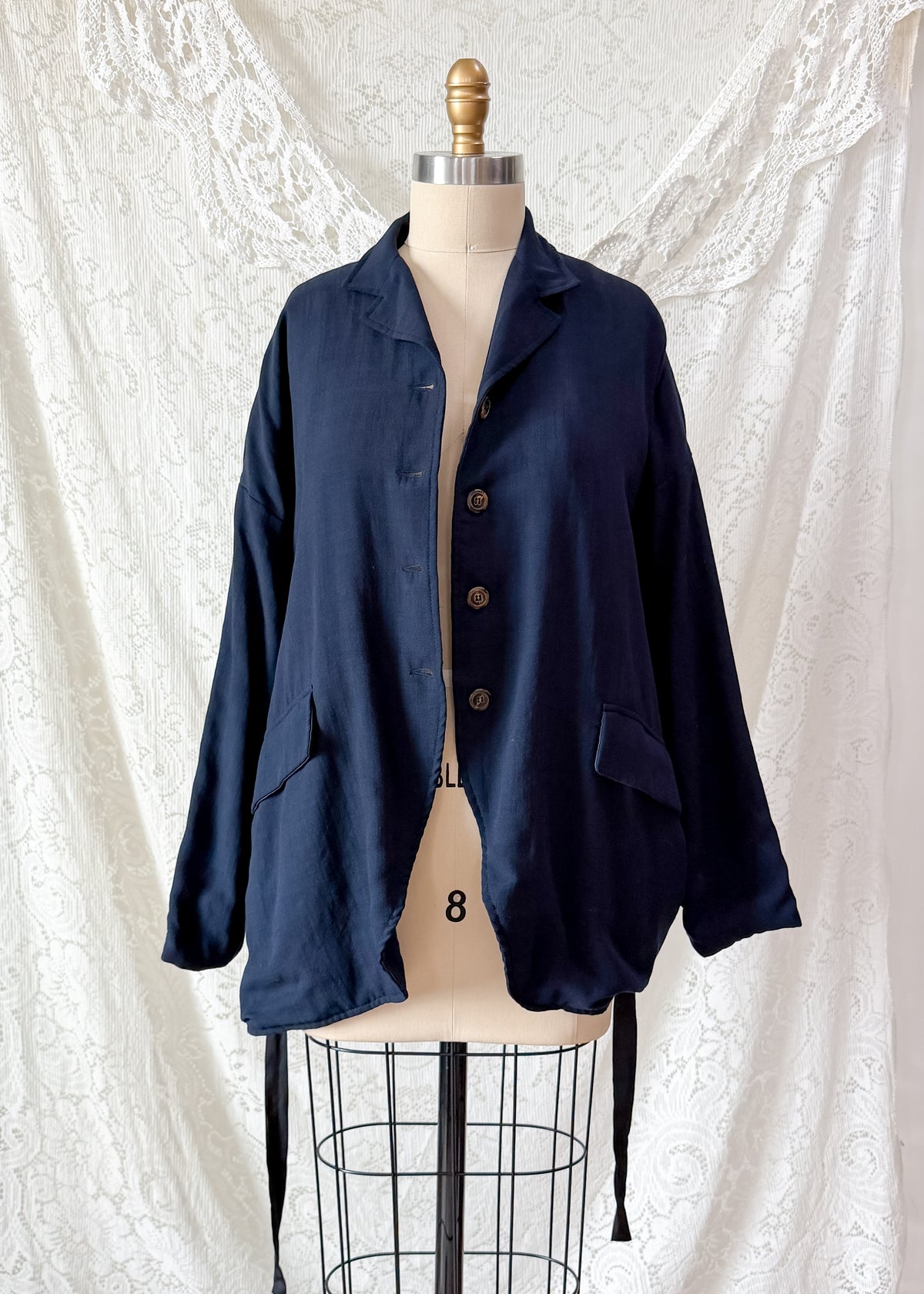 Hannoh Wessel Navy Blue Wool Blend Blazer Jacket with Ribbon Waist (38 F or M)