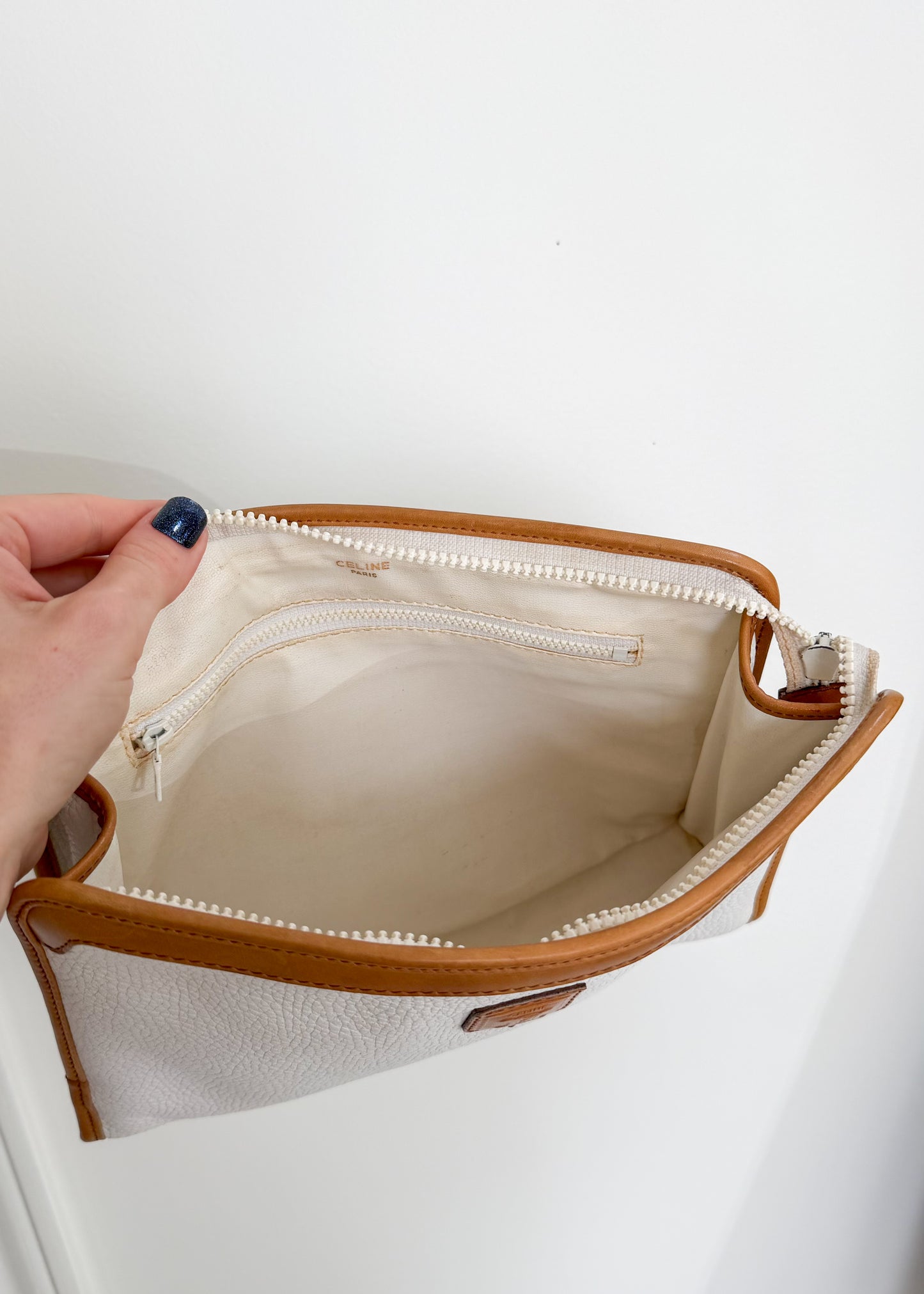 Vintage 80s Celine White & Brown Leather Pouch Clutch Purse