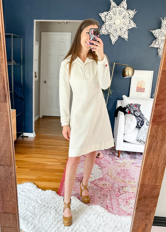Vintage 70s Alfred Werber Ivory Wide Collar A-Line Dress (fits like M)
