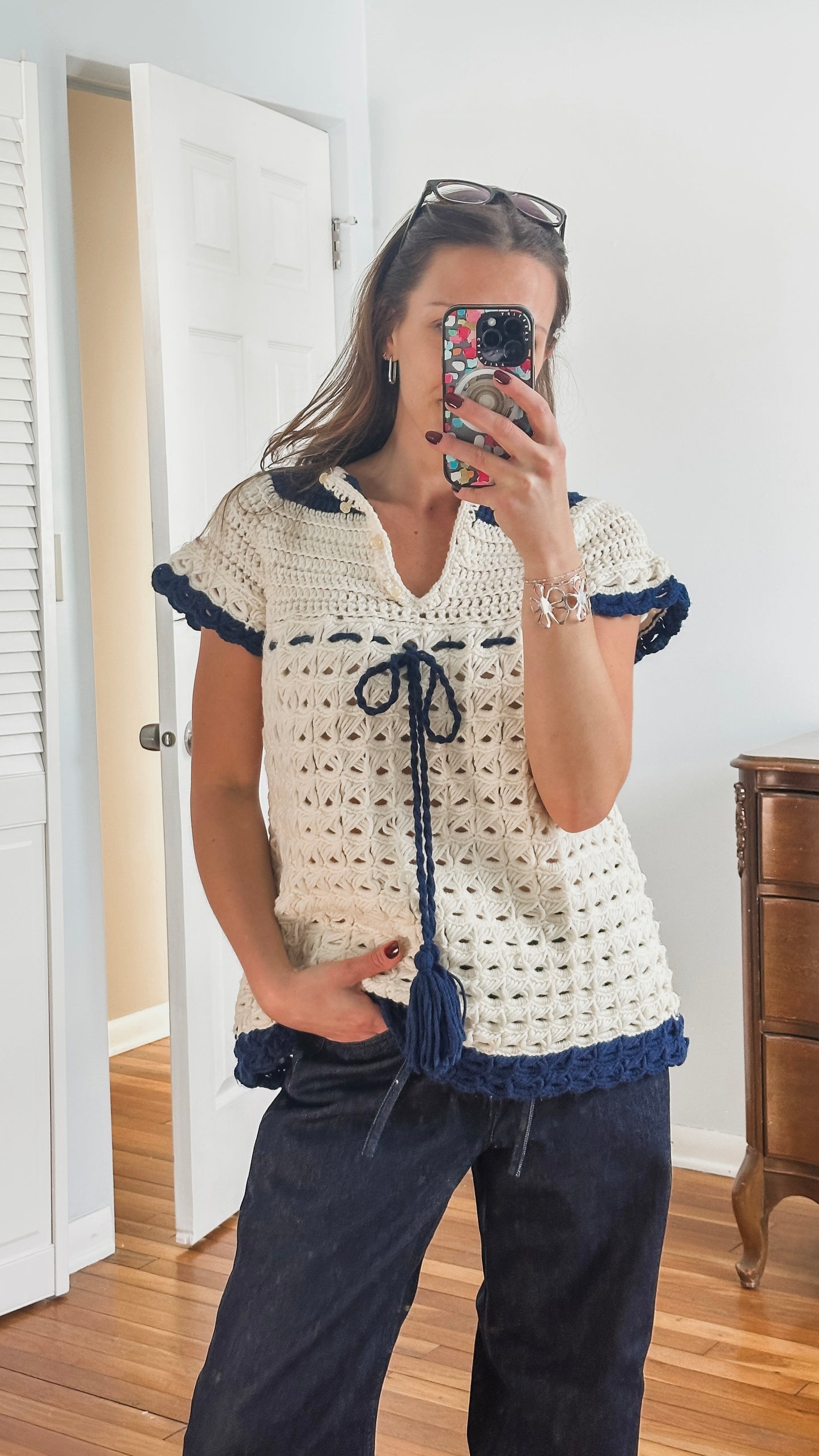 Vintage 70s Hand Knit Crochet Babydoll Top (S)