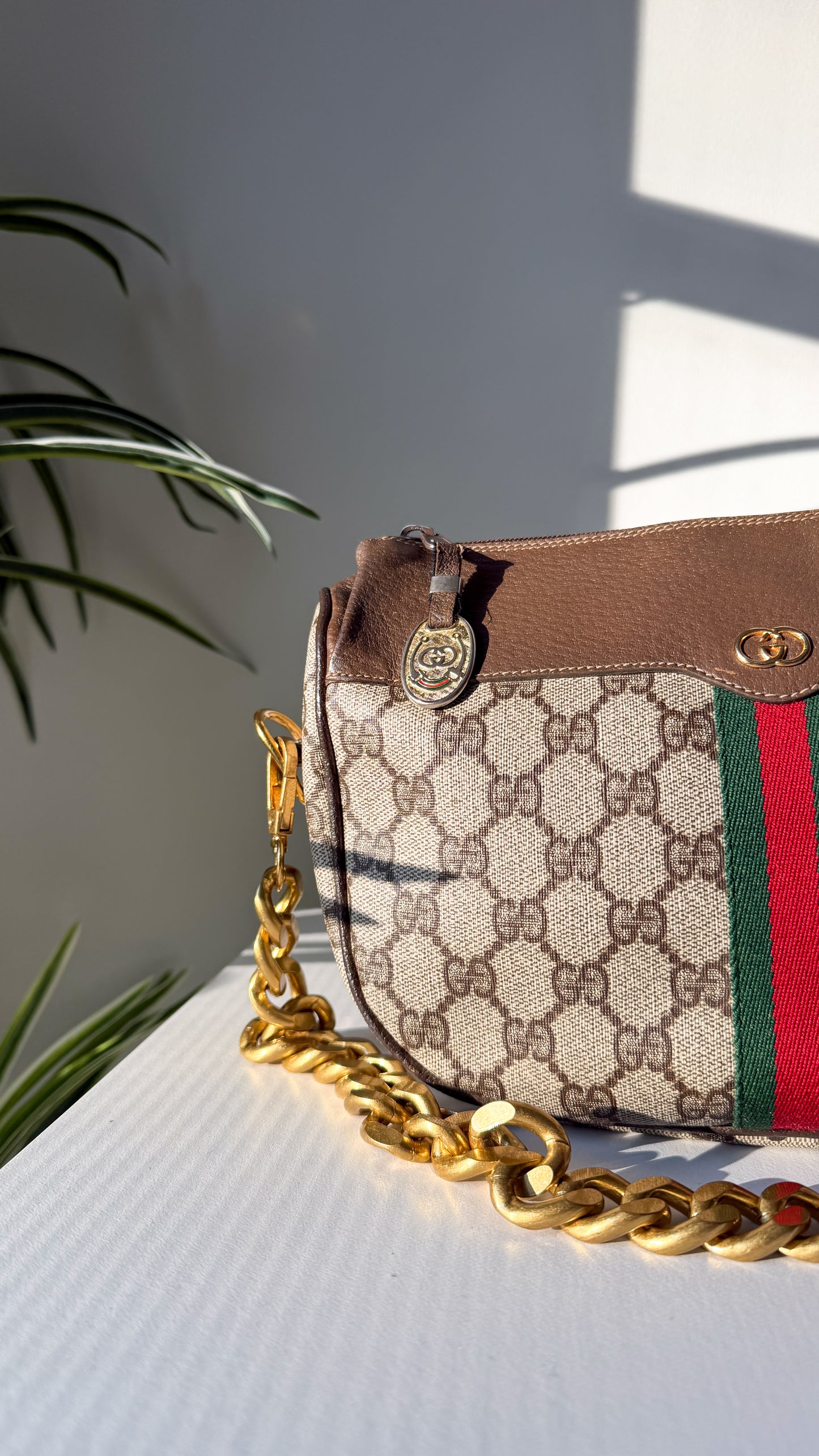 Vintage 80s Gucci Sherry Line GG Brown Shoulder Bag Purse + Gold Shoulder Chain