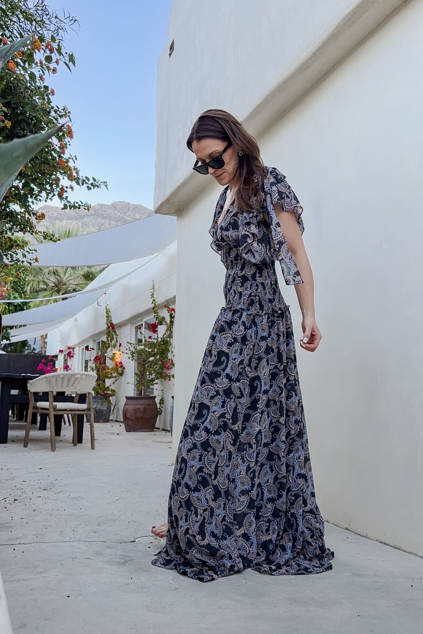 Cinq à Sept Kris Chiffon Dress in Raven Paisley Navy Blue Chiffon Smocked Maxi