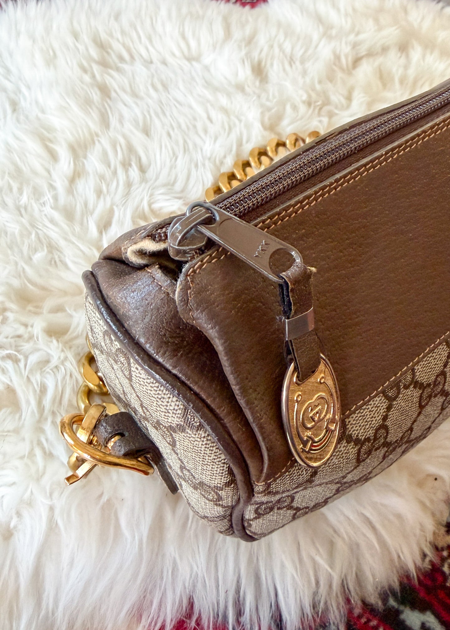 Vintage 80s Gucci Sherry Line GG Brown Shoulder Bag Purse + Gold Shoulder Chain