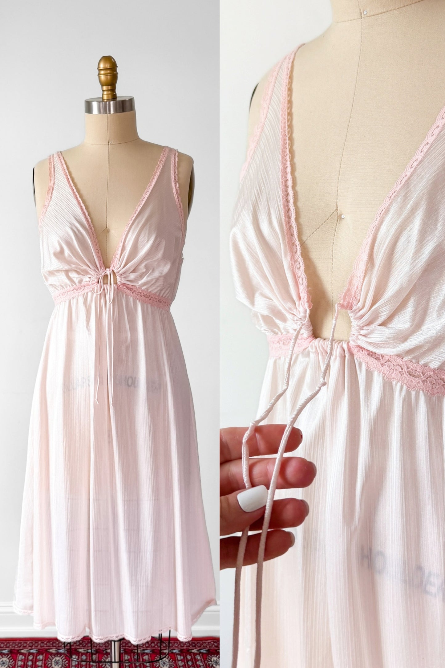 Vintage 80s Miss Elaine Light Pink Drawstring Nighty Lingerie Sleepwear