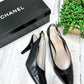 Vintage Chanel Black Leather Cap Toe Slingback Heels (38)