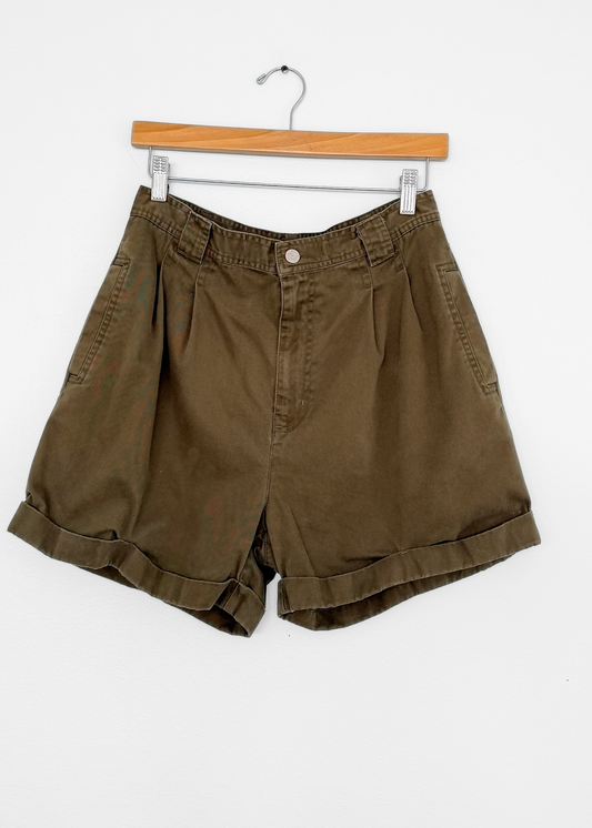 Vintage 90s Bill Blass Olive Green Cotton High Waist Rolled Cuff Shorts