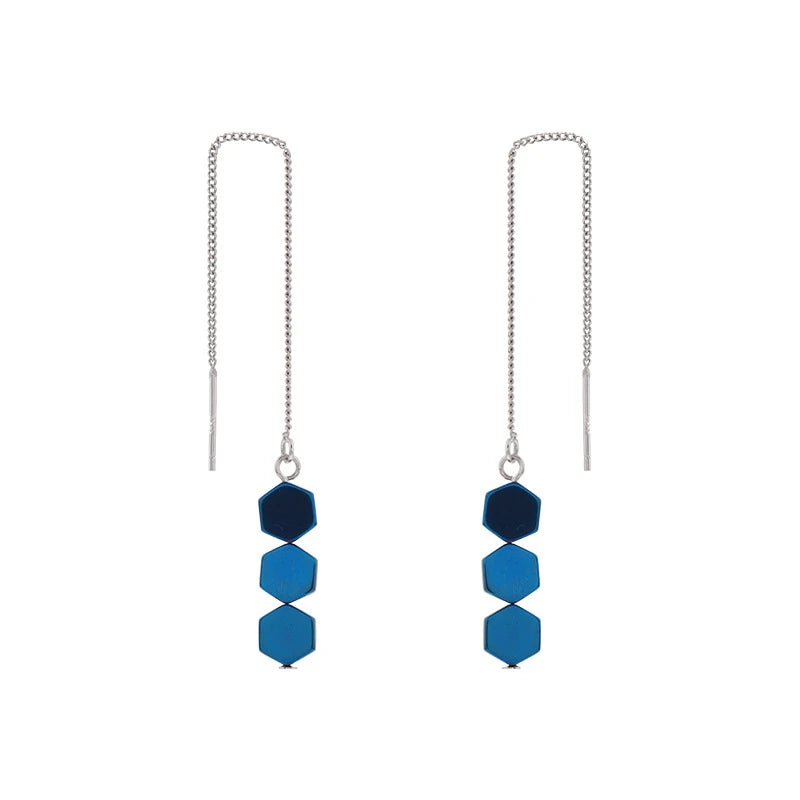 Hexagon Geometric Silver Thread Drop Earrings (2 options)