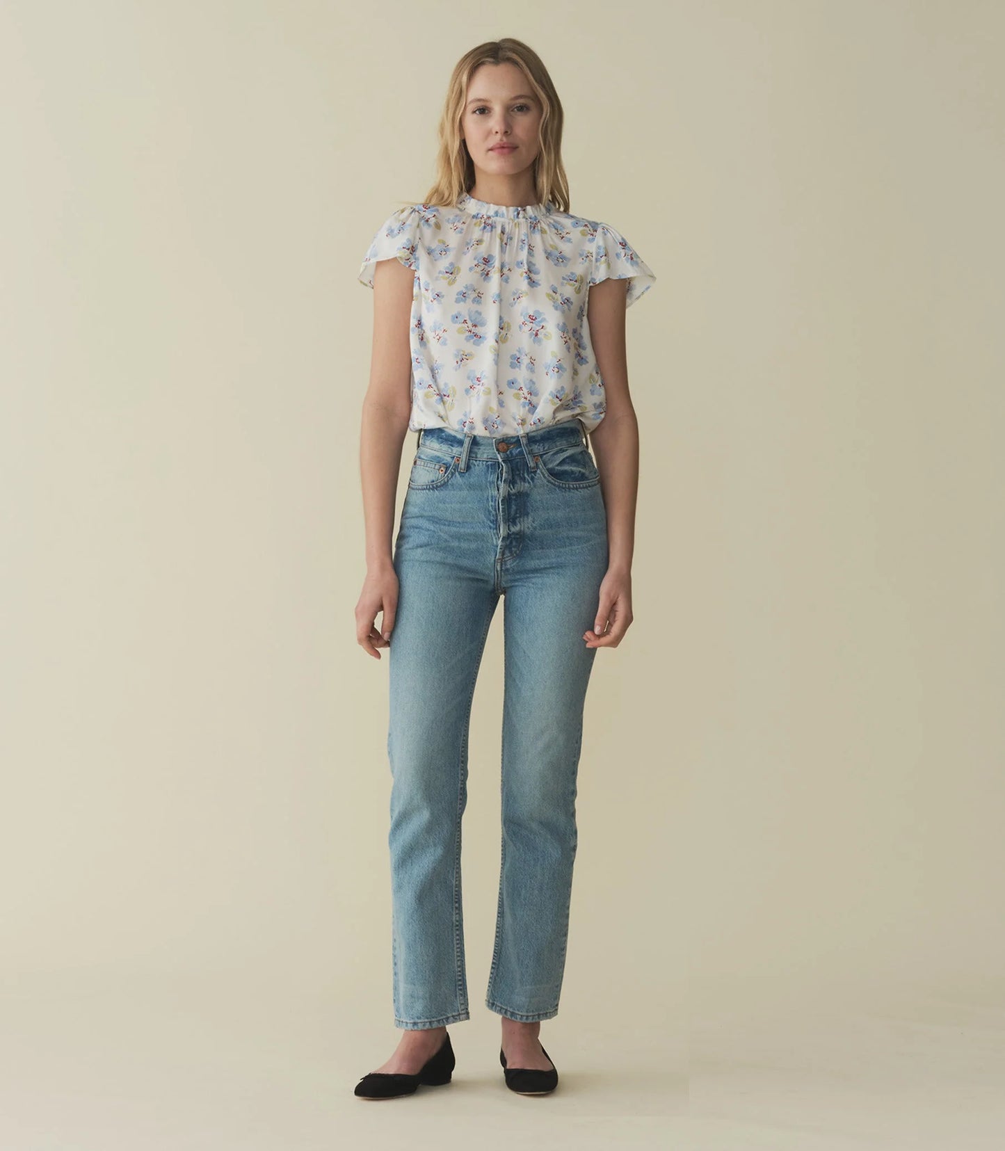 Doen Yvie Top Bleu Flocking Floral Print