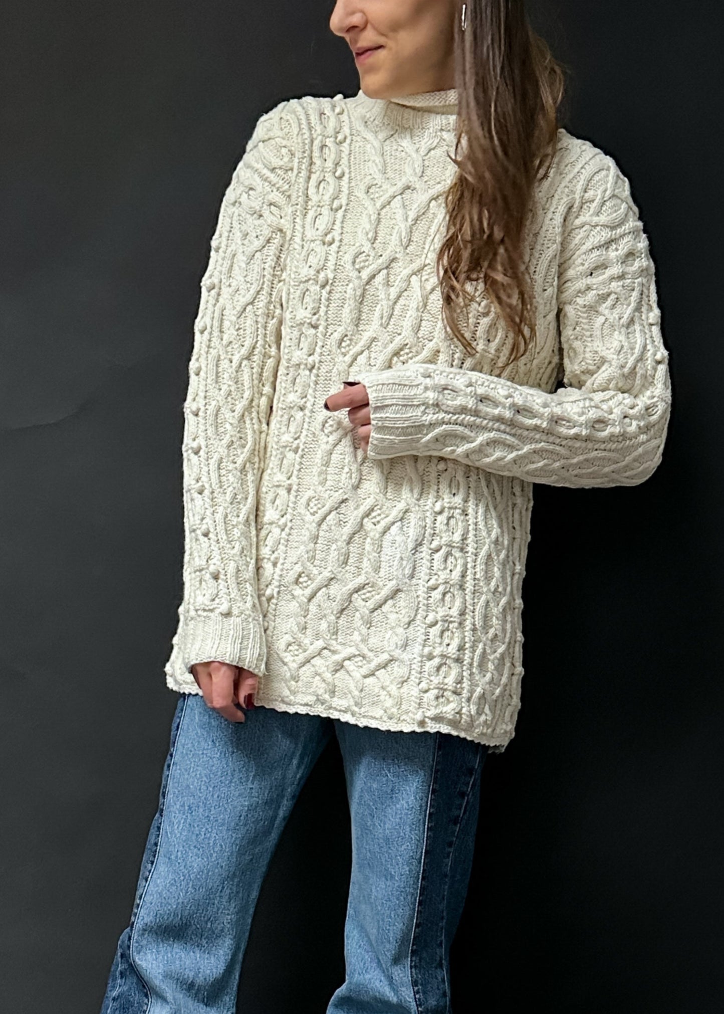 Yarnworks Handknit Cozy Cream Heavy Knit Roll Neck Sweater (M)