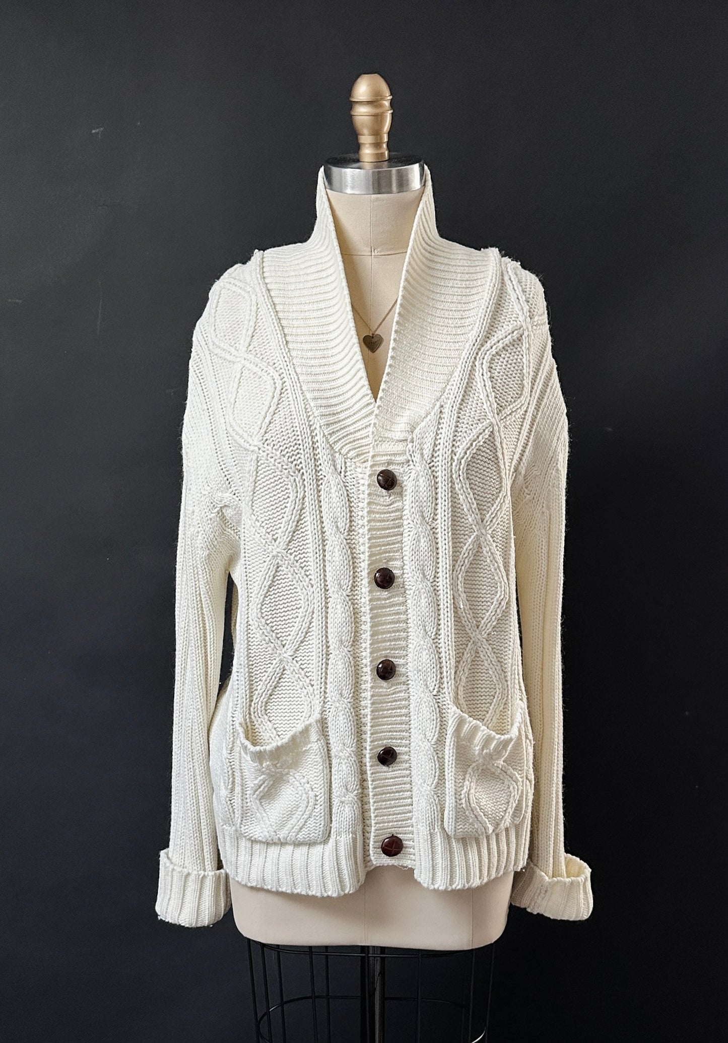 Vintage 70s Sears Cream Acrylic Fisherman’s Sweater Cardigan