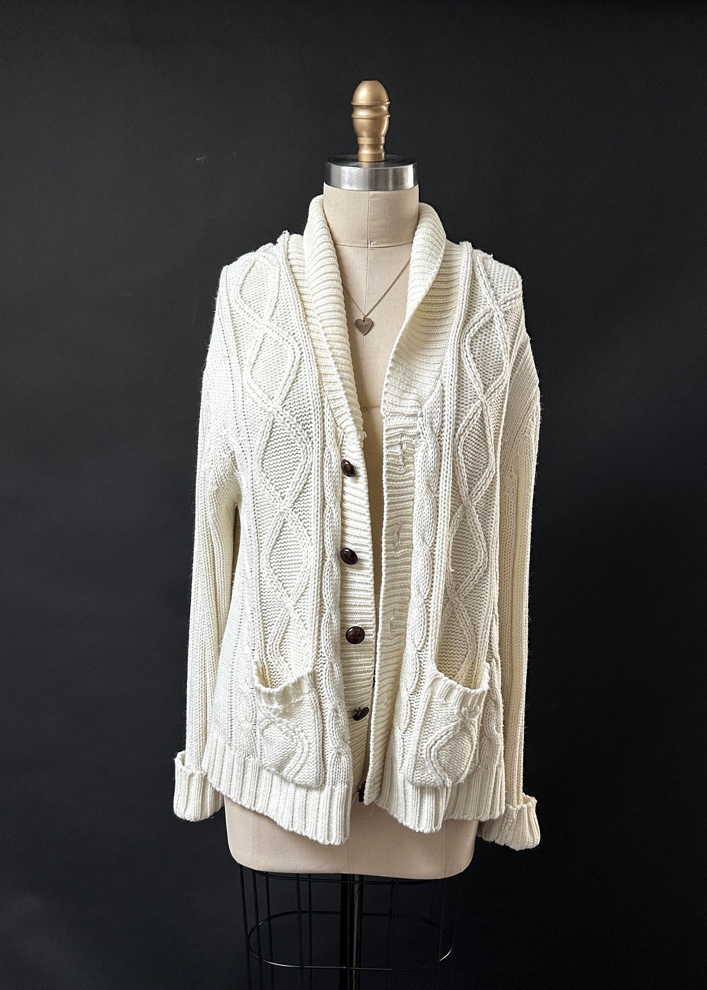 Vintage 70s Sears Cream Acrylic Fisherman’s Sweater Cardigan