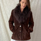 Vintage Chocolate Brown Suede Leather & Mongolian Lamb Fur Collar Penny Lane Coat (M)