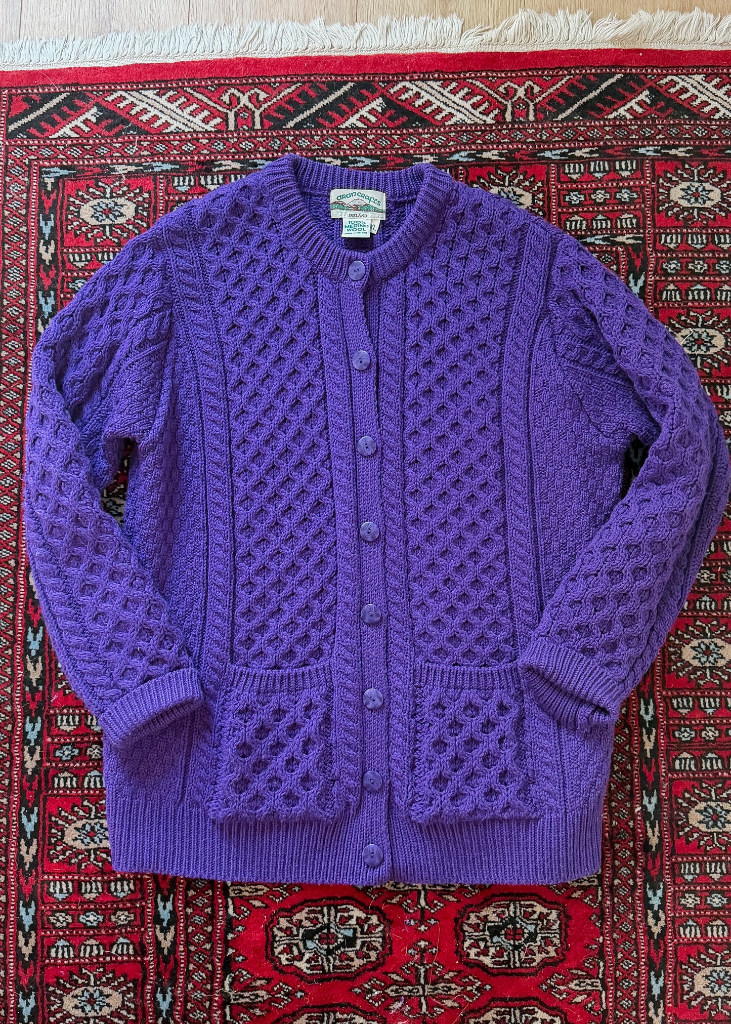 Vintage Aran Crafts Ireland Purple Merino Wool Cable Knit Cardigan (XL)