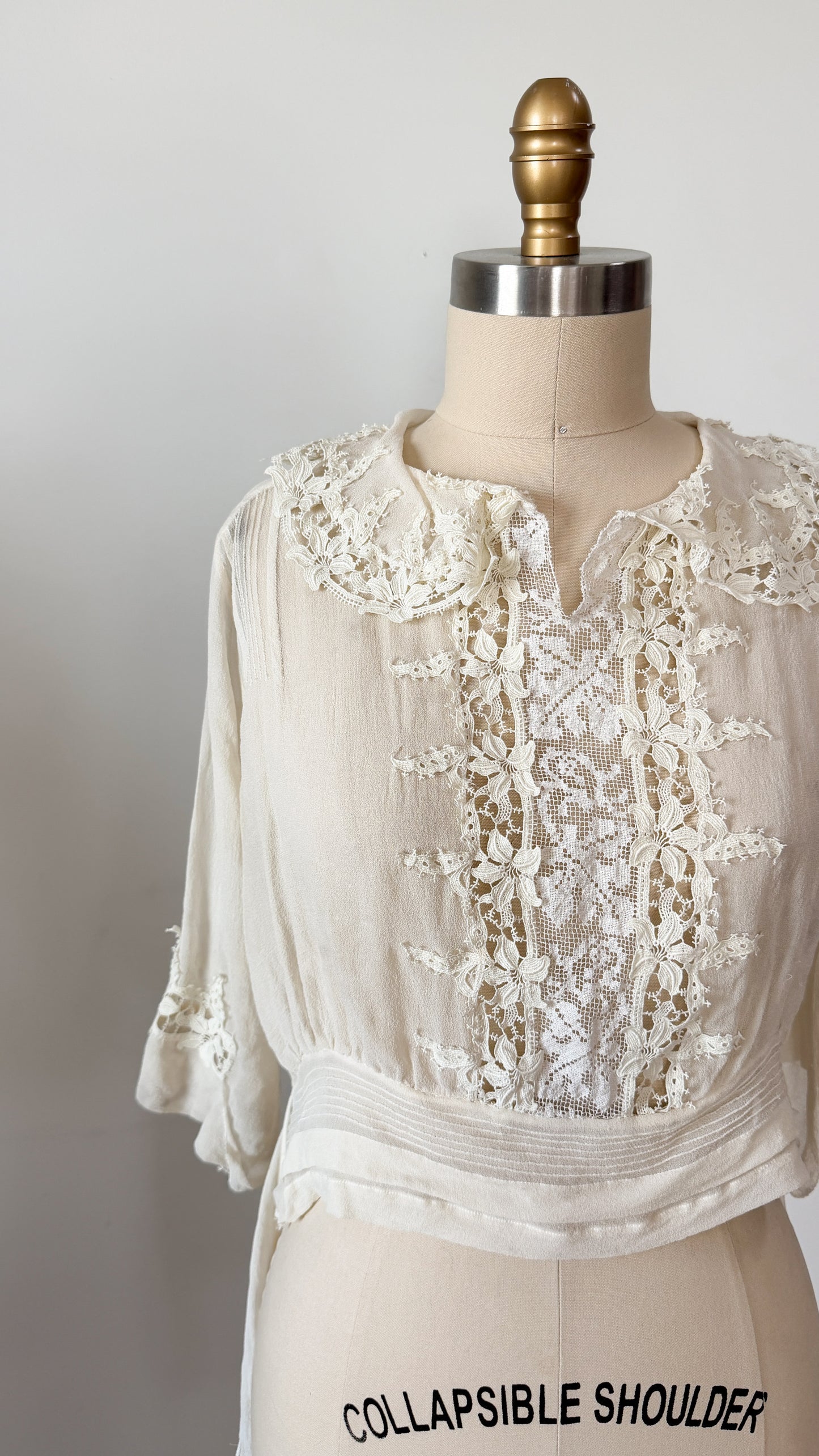 Antique Edwardian Silk Lingerie Blouse with Irish Crochet Lace  c. 1905–1915