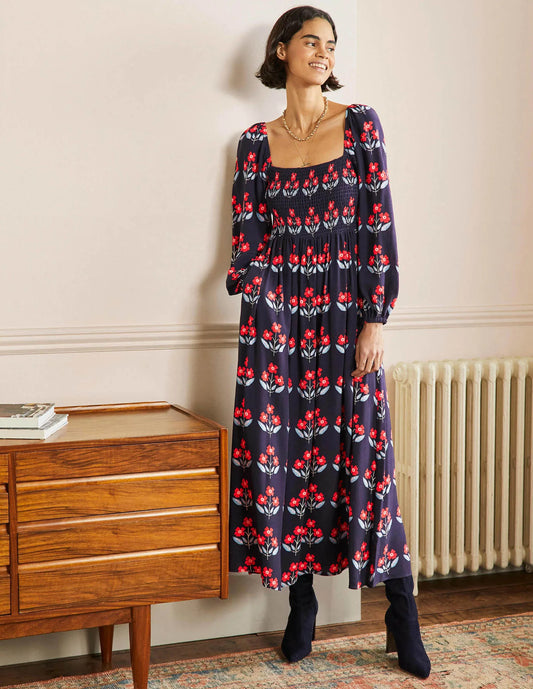 Boden Navy & Red Floral Square Neck Smocked Maxi Dress (6P)