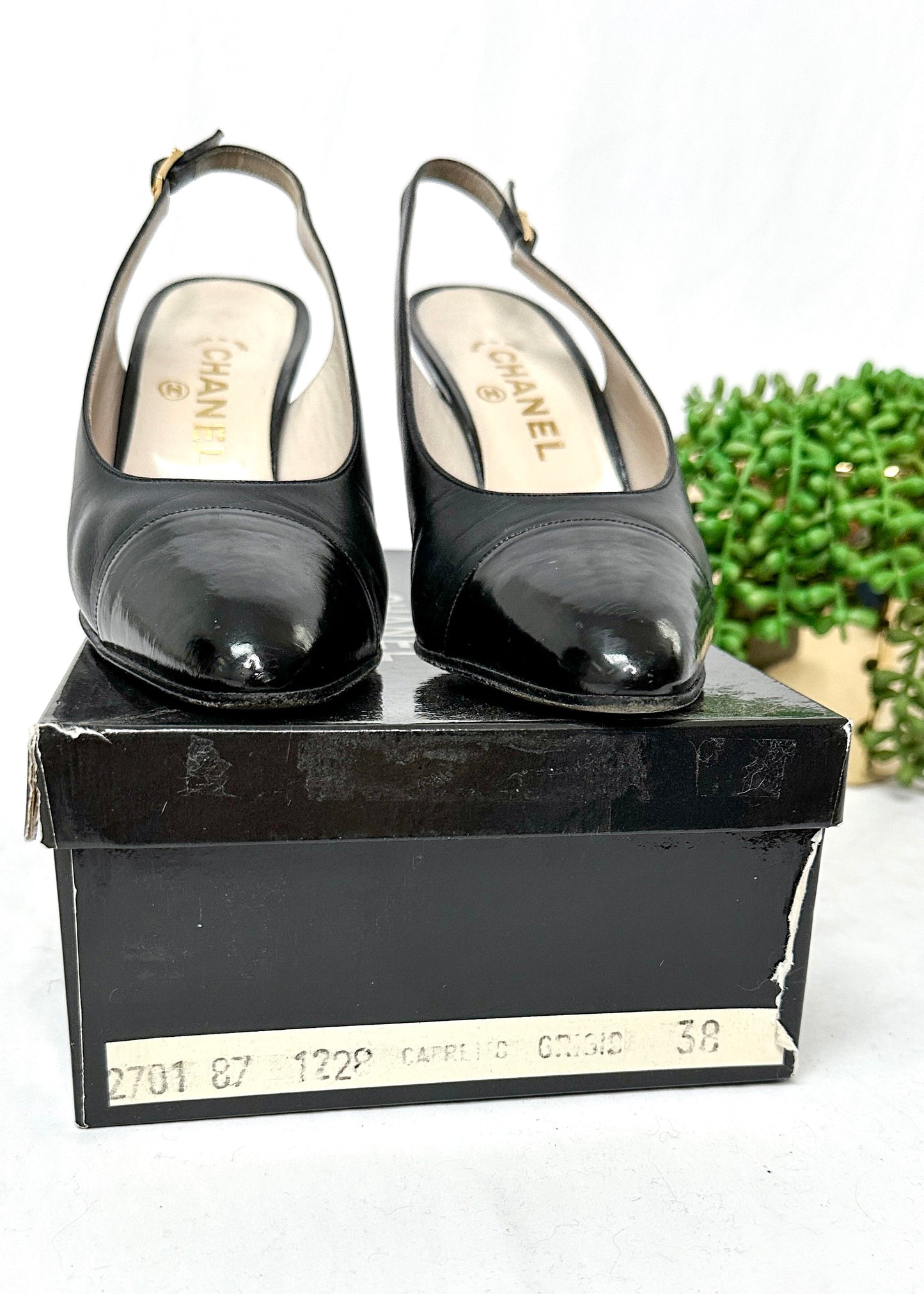 Vintage Chanel Black Leather Cap Toe Slingback Heels (38)