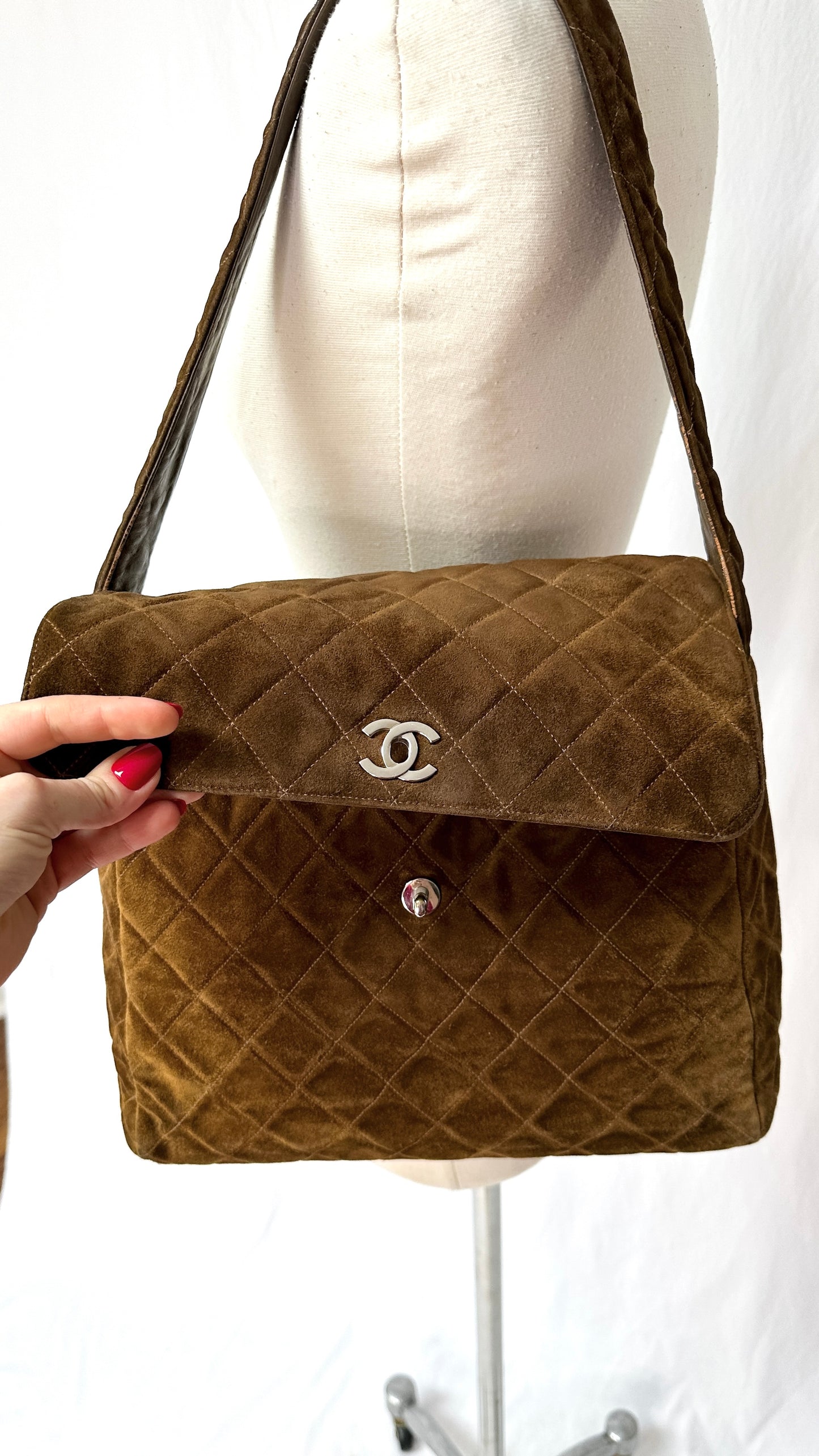 Vintage Chanel Brown Suede Quilted Matelassé Silver Turnlock Tote Purse