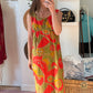 Vintage 60s 70s Malihini Designer Collection Hawaiian  Red Avocado Green Hostess Maxi Dress (M)