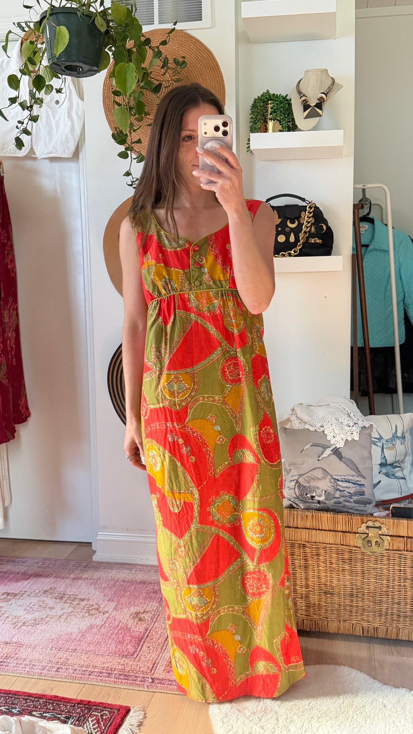 Vintage 60s 70s Malihini Designer Collection Hawaiian  Red Avocado Green Hostess Maxi Dress (M)