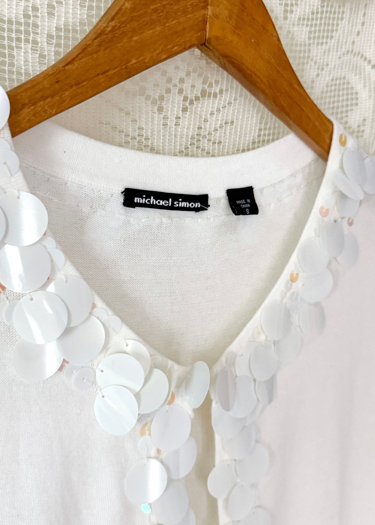 Michael Simon White Sequin Disc Embellished Cardigan (S)