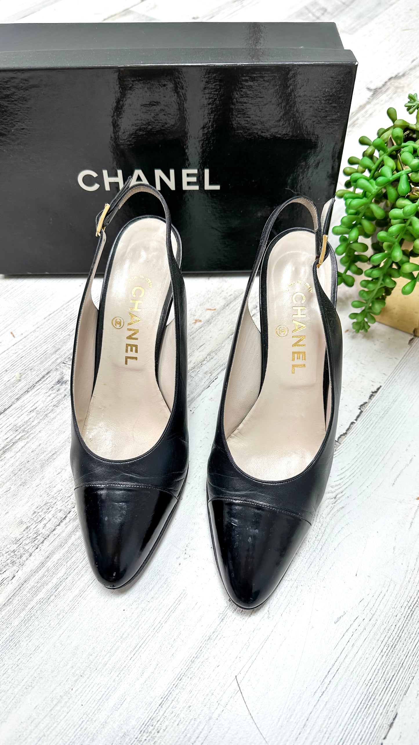 Vintage Chanel Black Leather Cap Toe Slingback Heels (38)