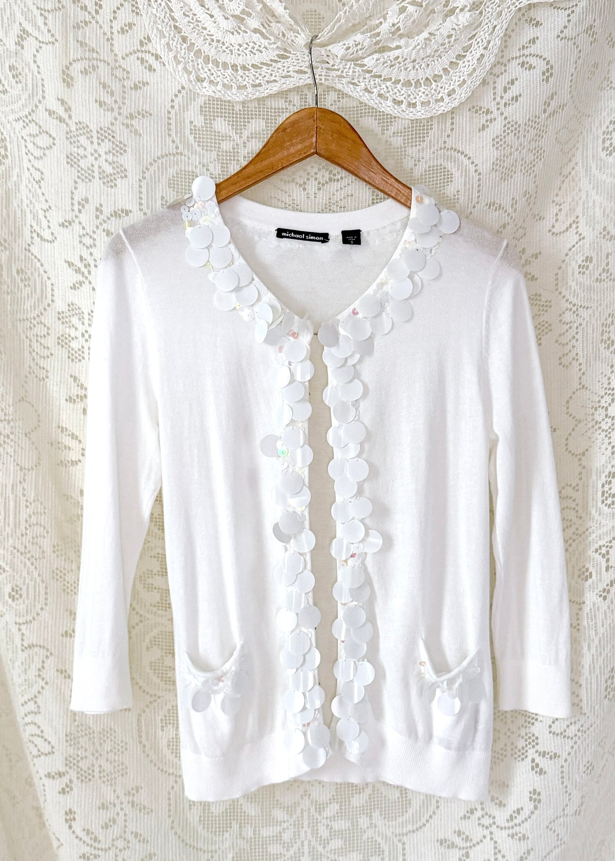 Michael Simon White Sequin Disc Embellished Cardigan (S)