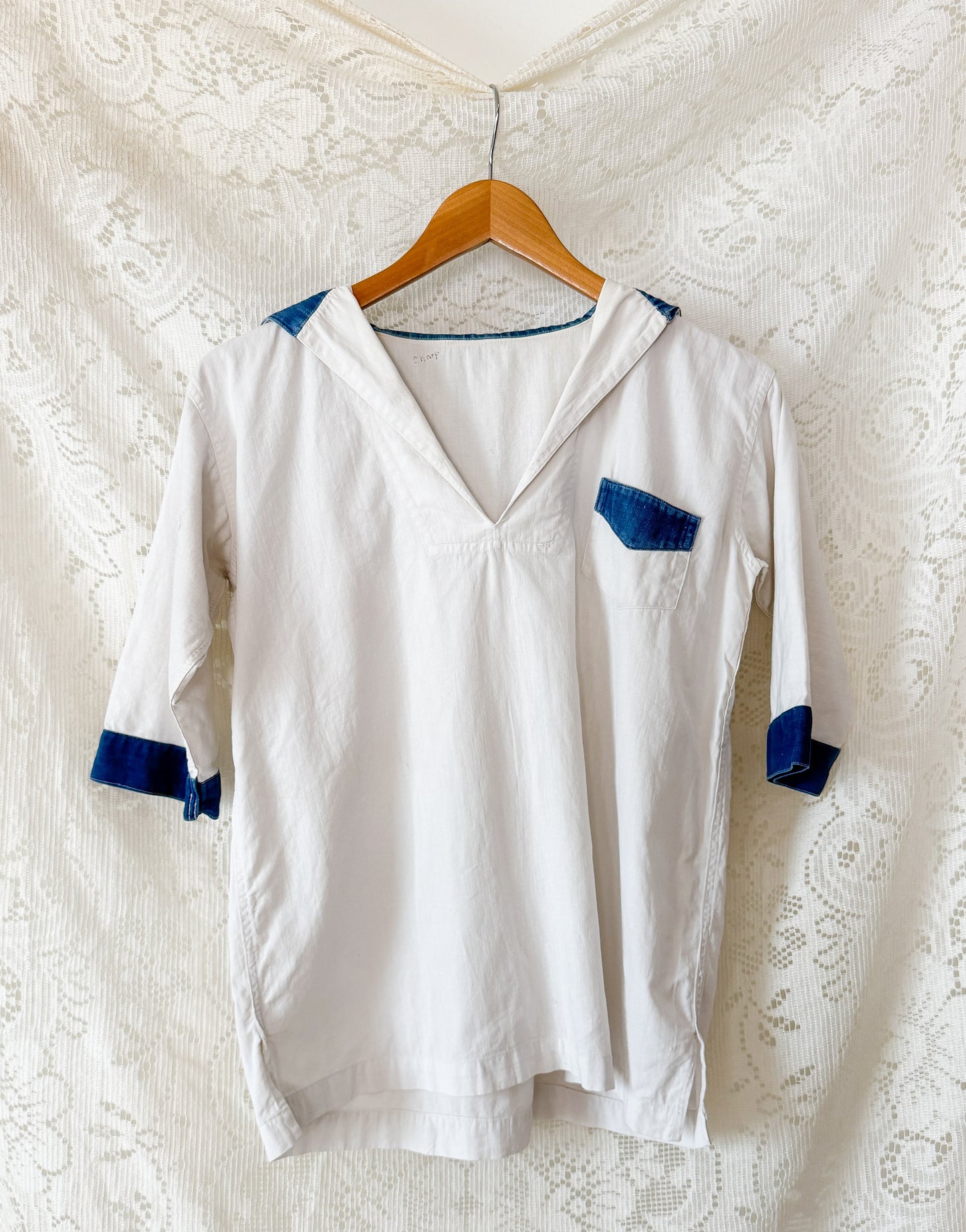 1940s White Nautical Sailor Blouse with Chambray Trim
