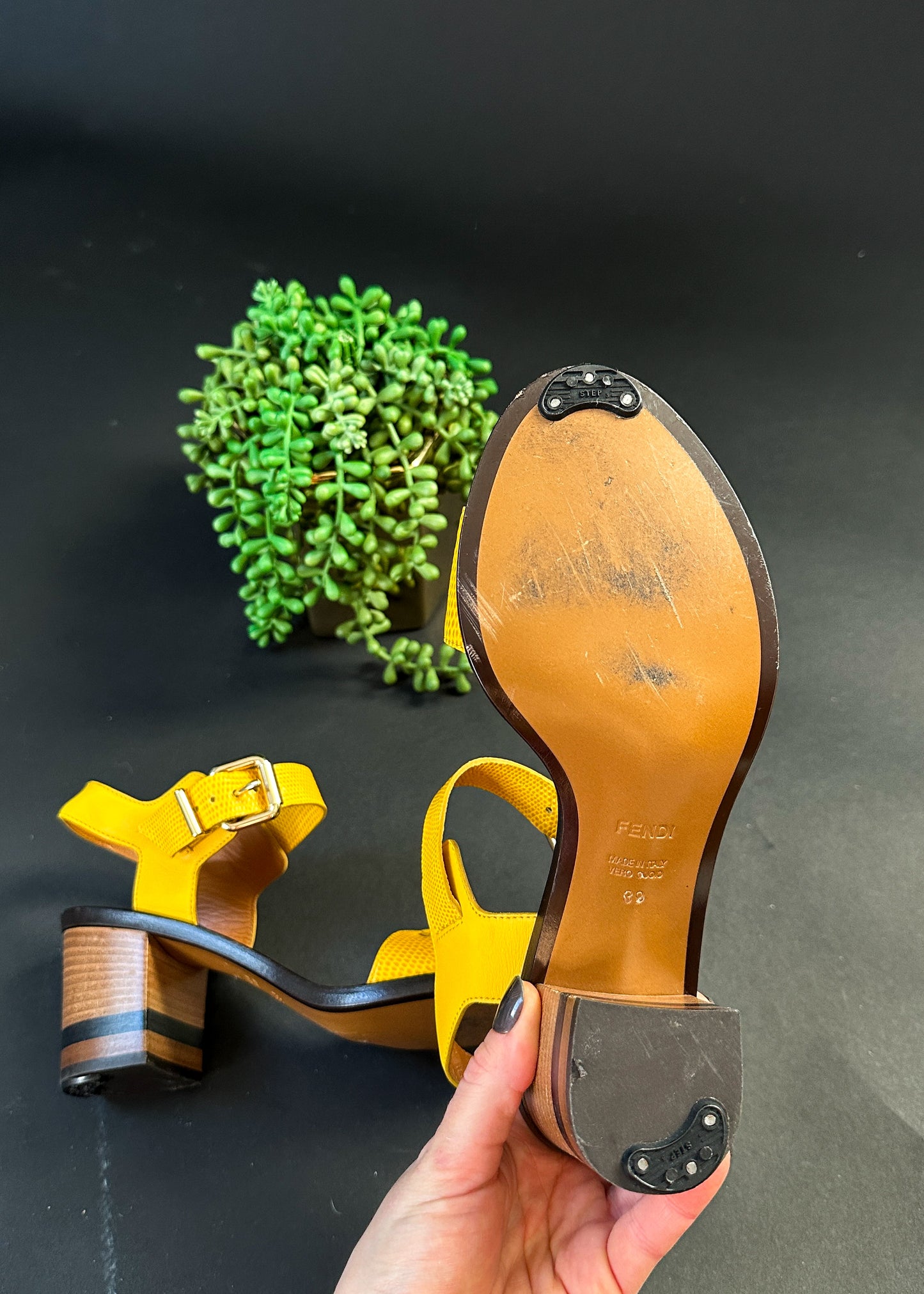 Fendi Yellow Leather Sandals Block Heels (39 or 8.5)