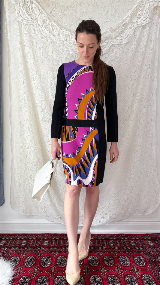 Emilio Pucci Magenta Black Purple Signature Print Silk Lined Dress (US 6)