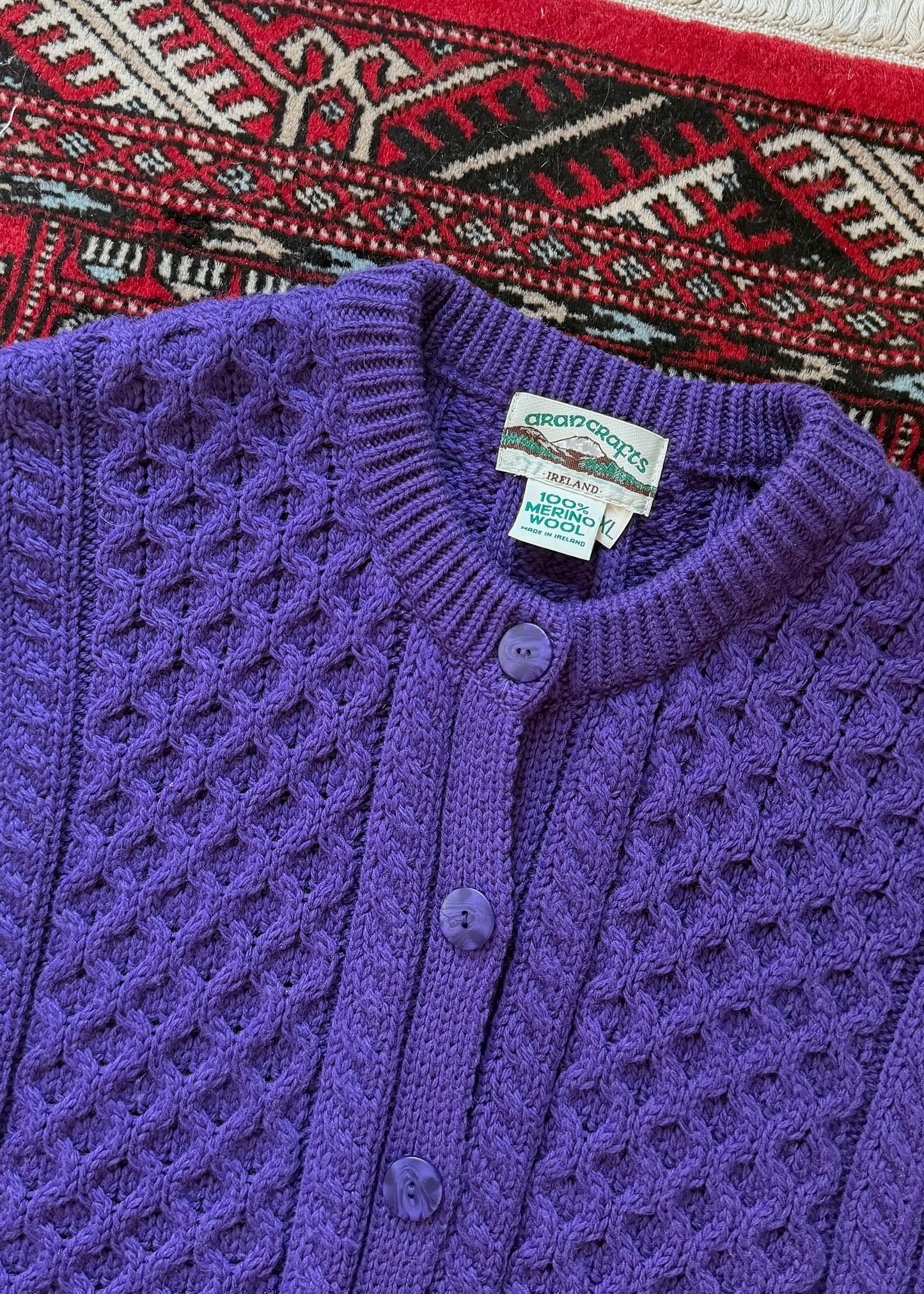 Vintage Aran Crafts Ireland Purple Merino Wool Cable Knit Cardigan (XL)
