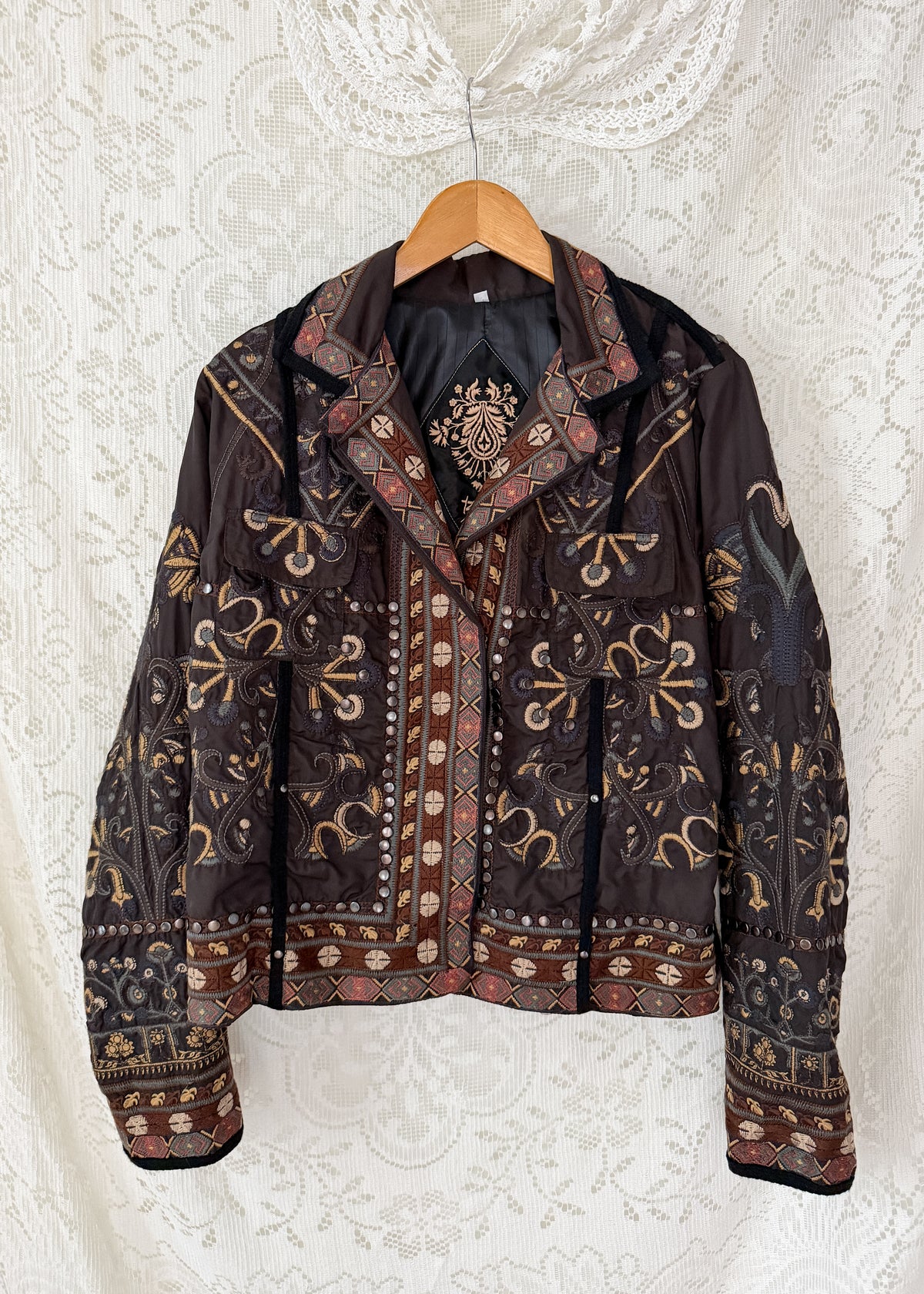 BIYA by Johnny Was Olive Brown Embroidered Studded Boho Moto Jacket