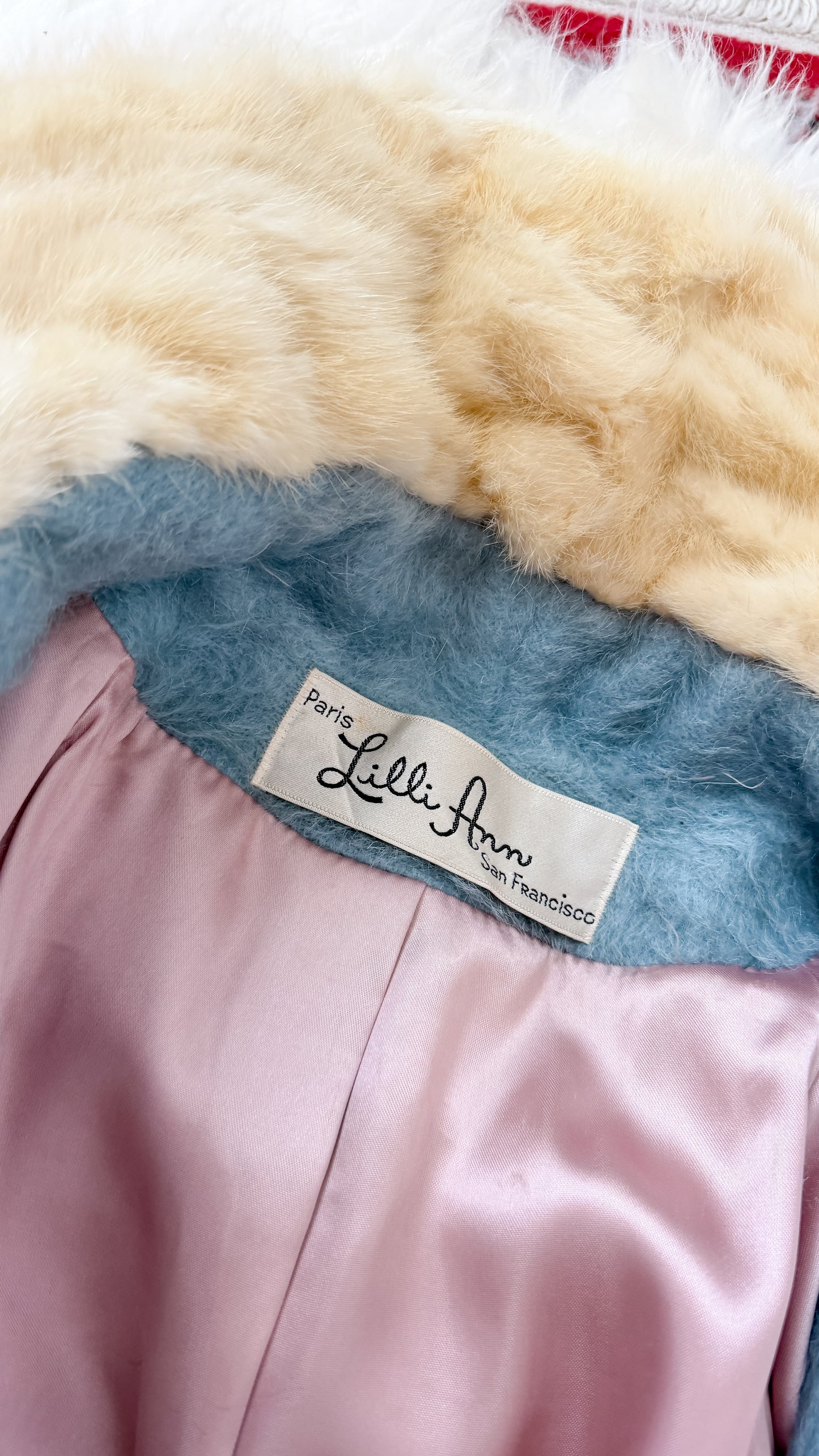 Vintage 60s Lilli Ann Powder Blue Cream Mink Collar Swing Coat