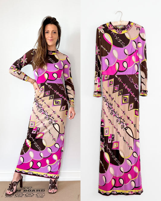 Vintage 60s Emilio Pucci Silk Purple Brown Pink Abstract Maxi Dress