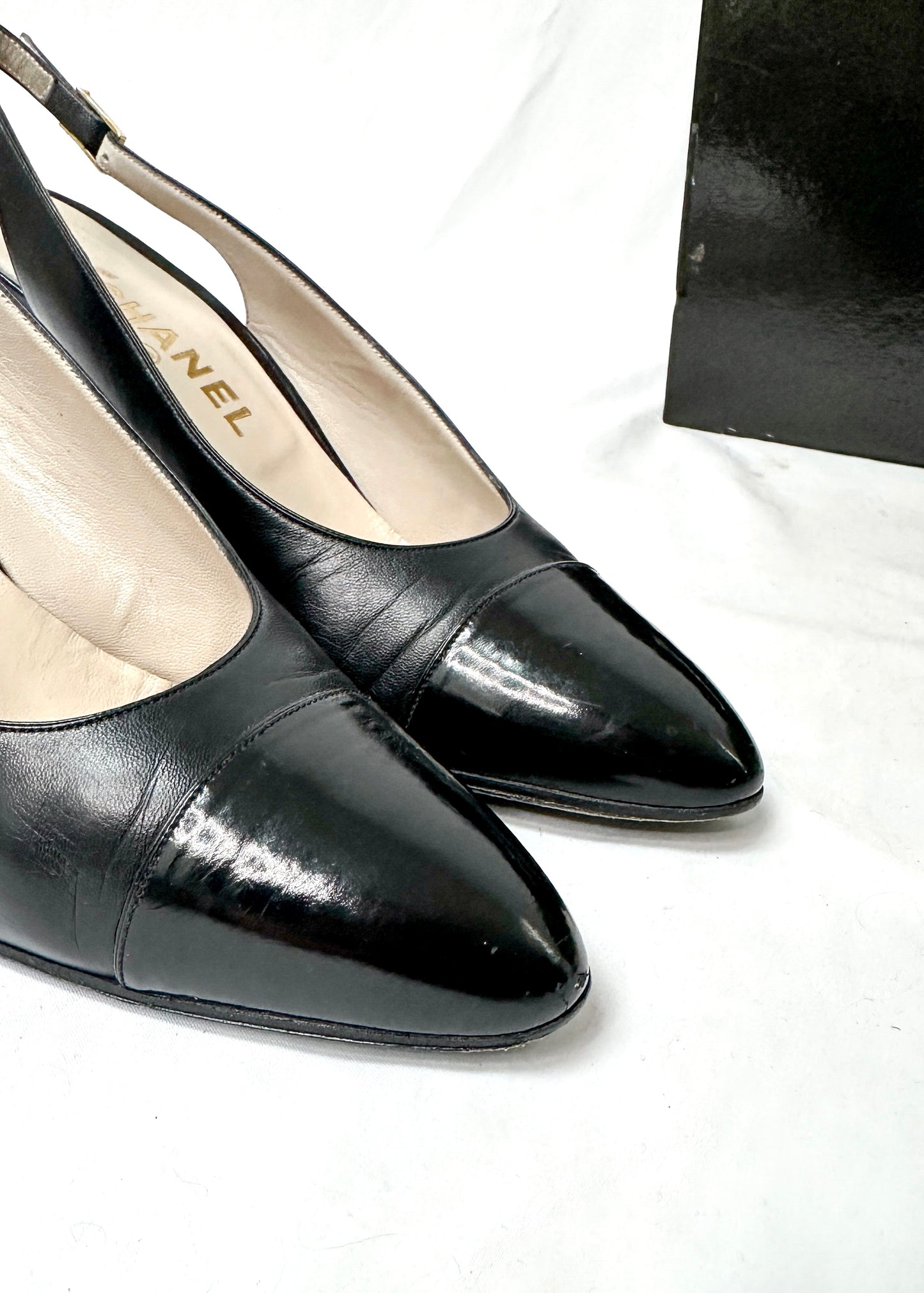 Vintage Chanel Black Leather Cap Toe Slingback Heels (38)