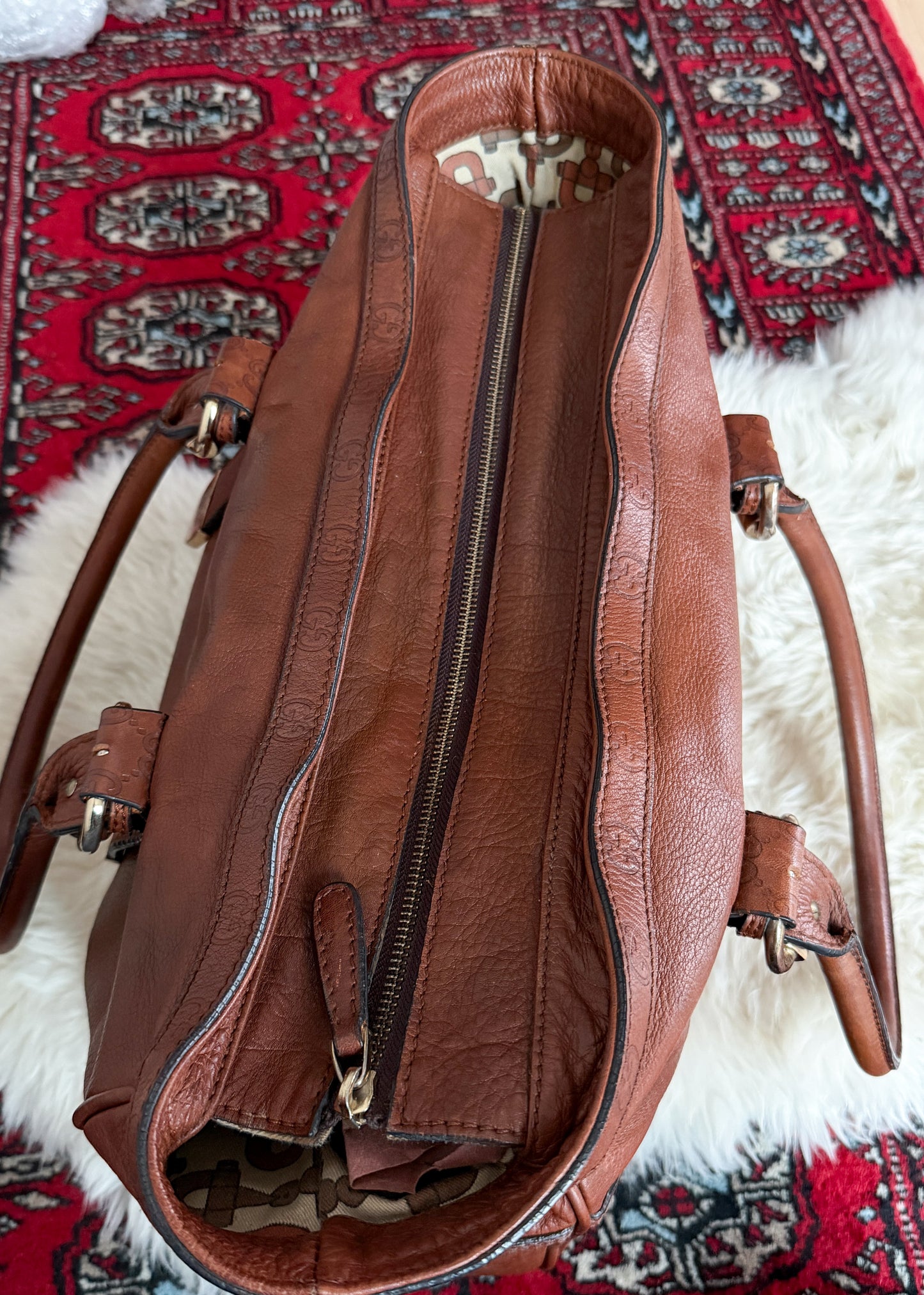 Vintage 00s Gucci Brown Leather Guccissima Signoria Large Tote Bag Shoulder Purse
