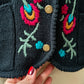 Vintage 70s Tally-Ho Floral Embroidered Hand Knit Cardigan Sweater (S)