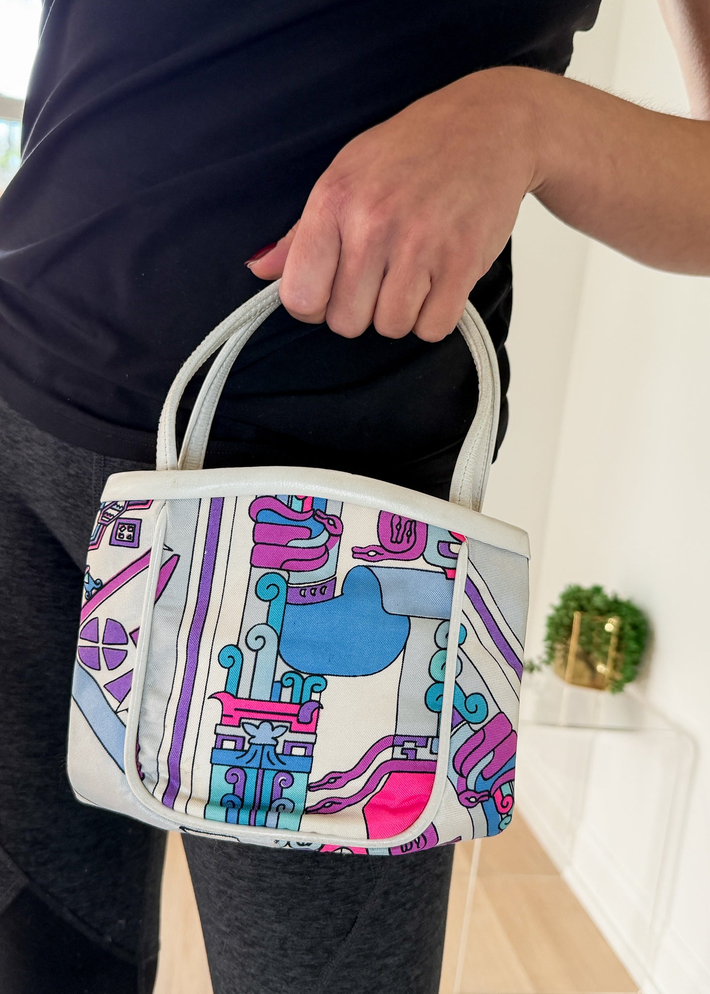 Emilio Pucci by Jana 1960s RARE Abstract Silk and Leather Top Handle Purse