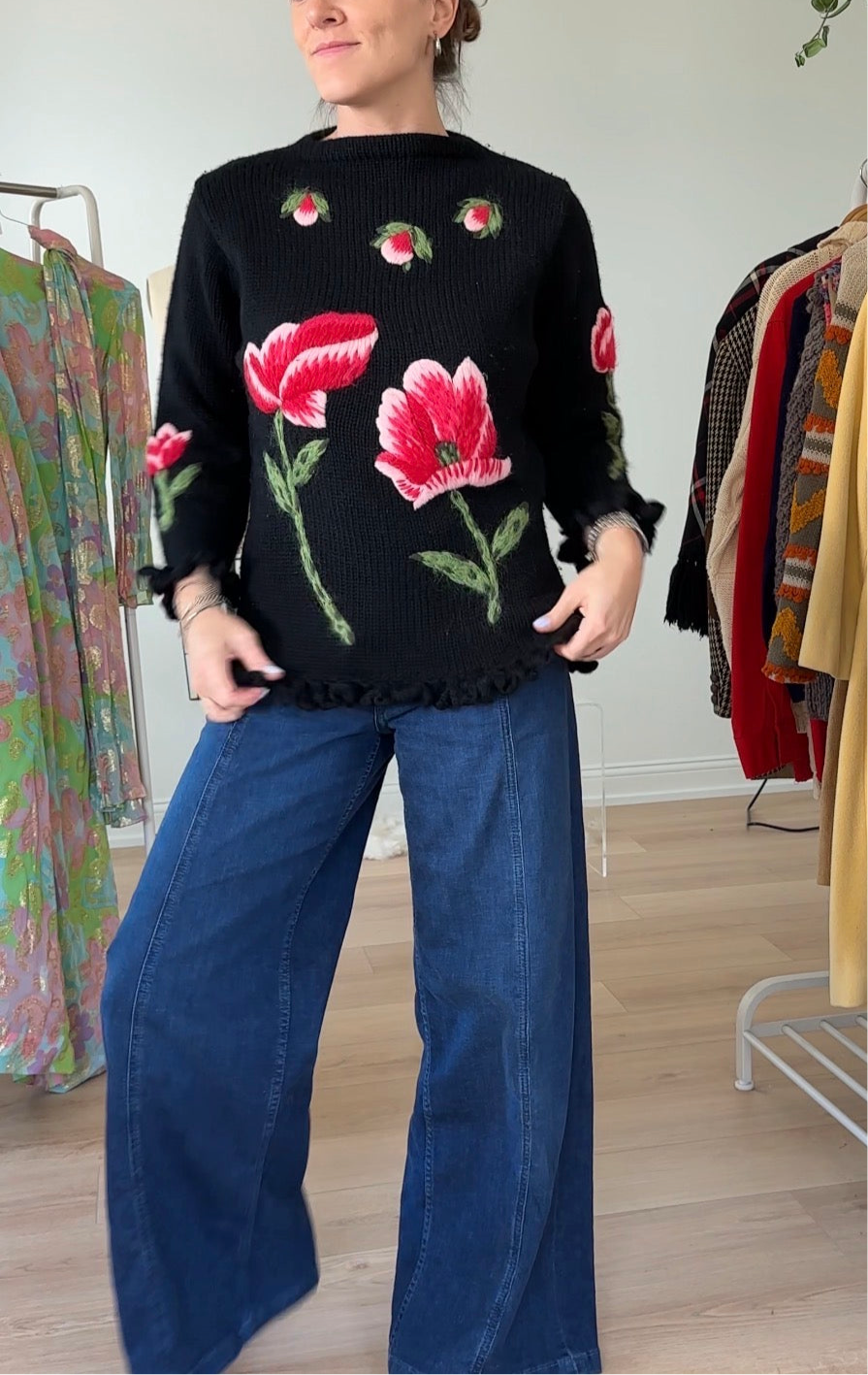 Vintage 60s 70s Mr. Thompson, Please! 100% Virgin Wool Hand Knit Floral Top (M)