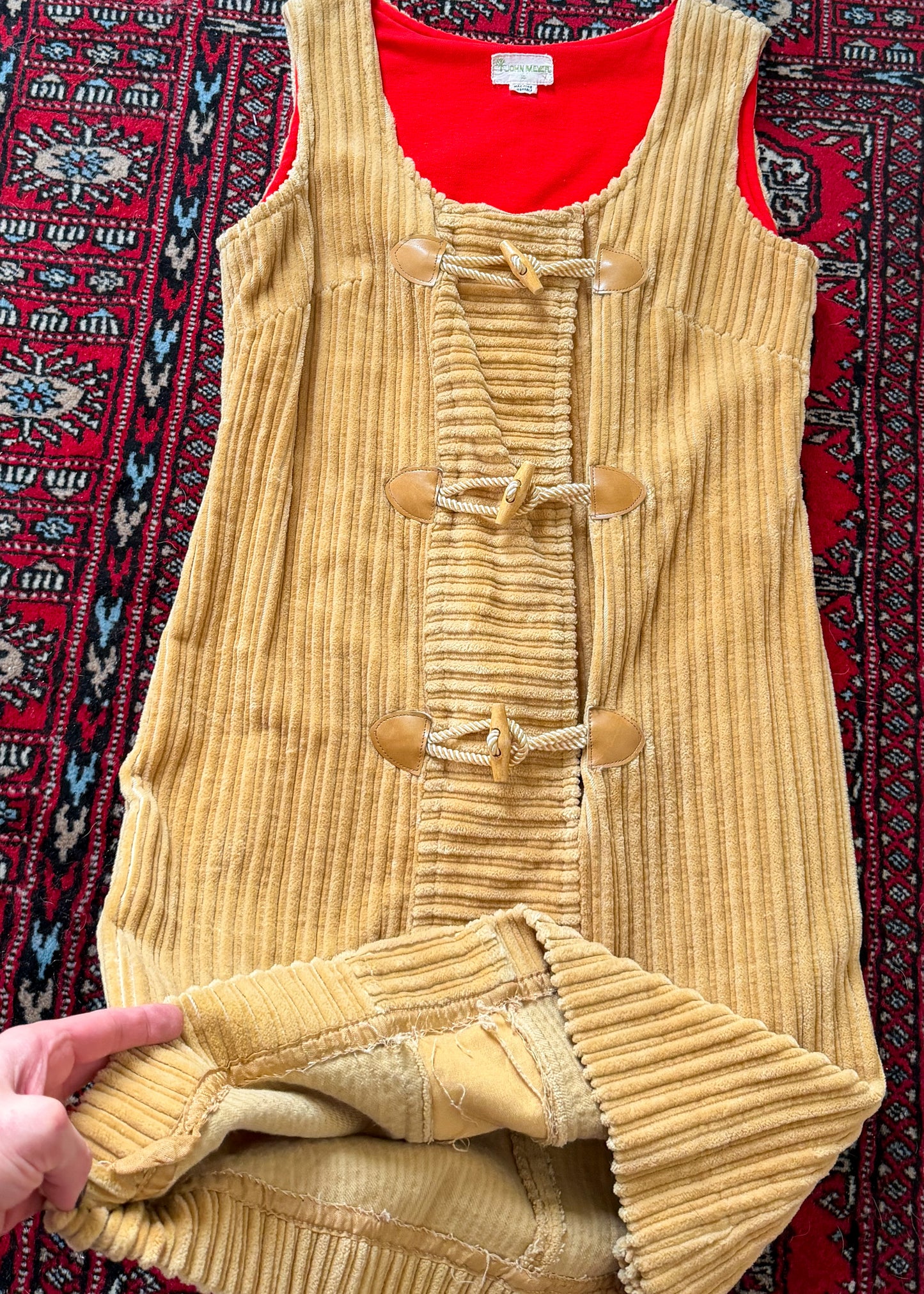 Vintage 70s John Meyer Tan Corduroy Toggle Jumper Dress