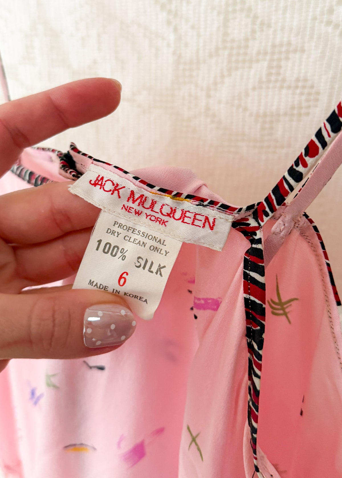 Vintage 1980s Jack Mulqueen Pink Silk Abstract Print Dress (6)