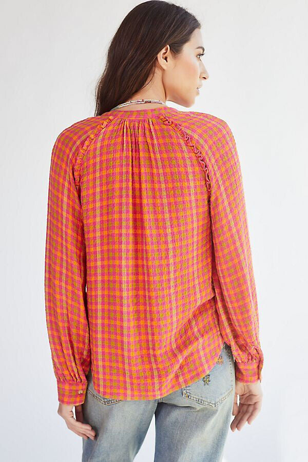 Anthropologie Pilcro Breezy Blouse in Pink Orange Green Gingham (S)