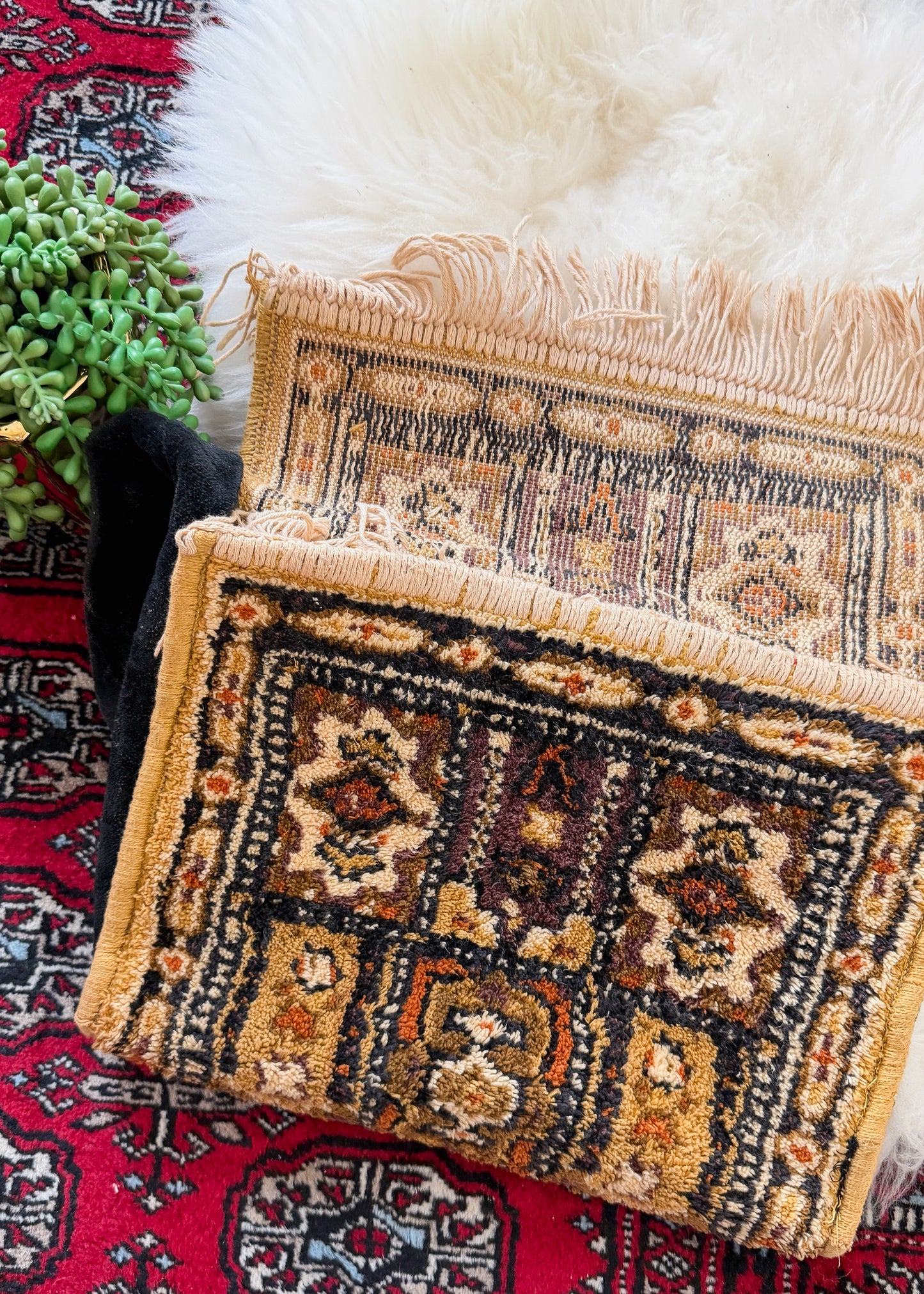 Vintage 70s Golden Yellow Brown Tapestry Fringe Trim Shoulder Purse