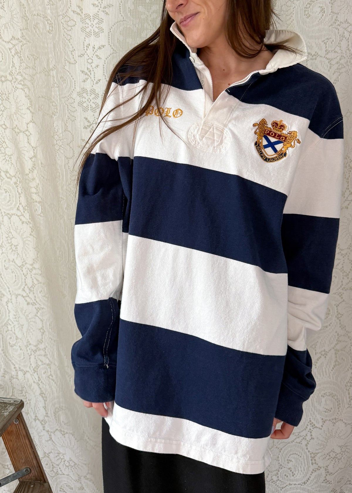 Vintage 90s 00s Polo Ralph Lauren Navy White Striped Crest Rugby Shirt (XL)