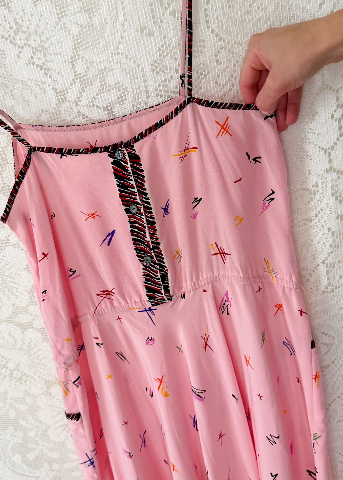 Vintage 1980s Jack Mulqueen Pink Silk Abstract Print Dress (6)
