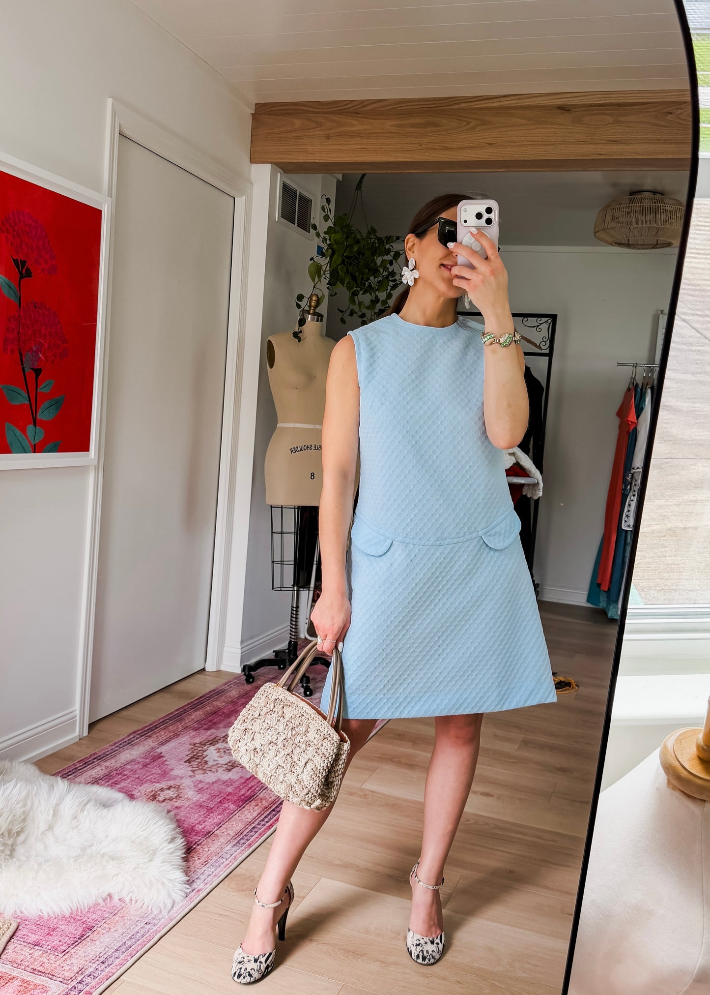 Vintage 60s Fritzi of California Baby Blue Mod Textured A-Line Dress