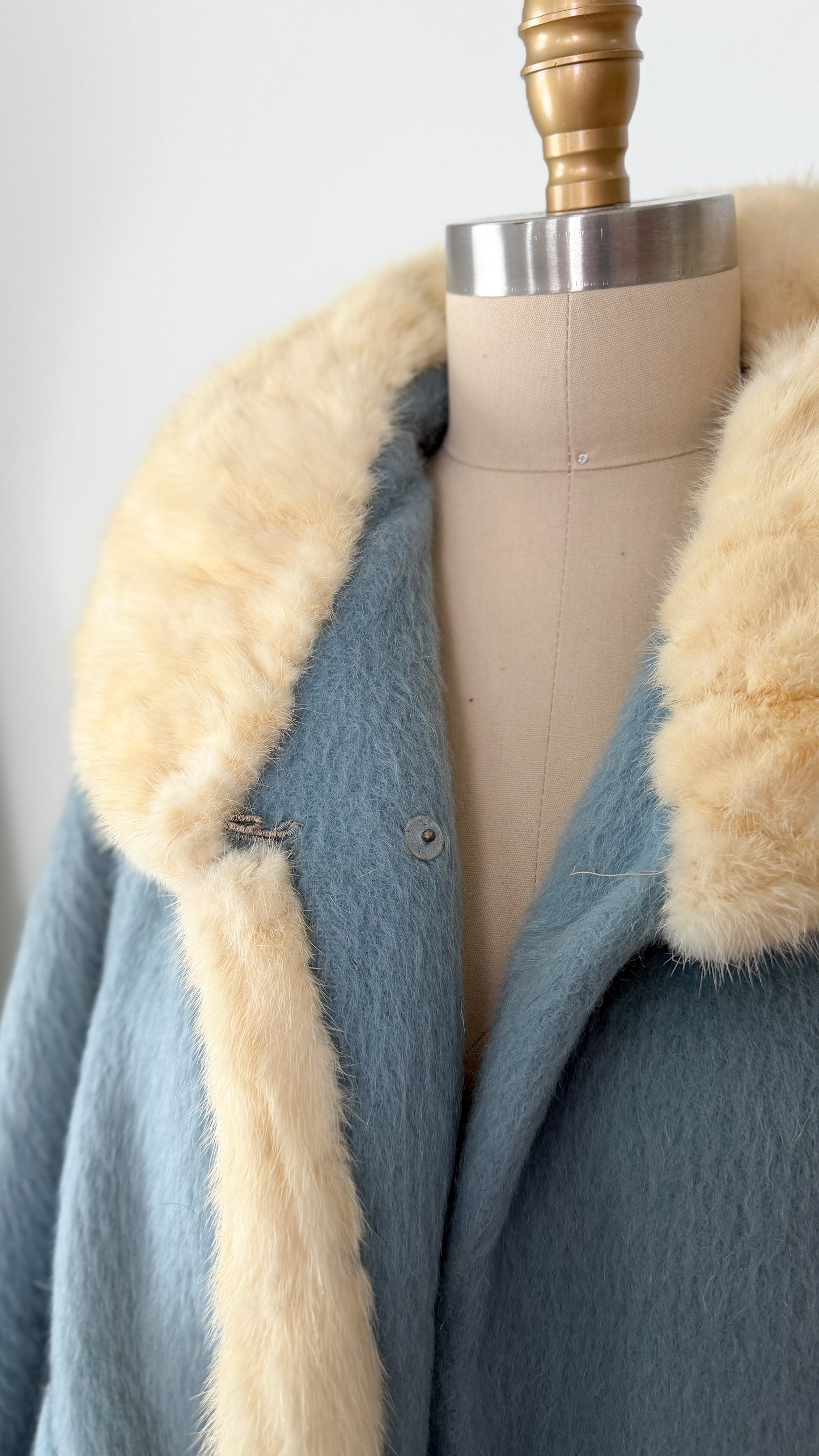 Vintage 60s Lilli Ann Powder Blue Cream Mink Collar Swing Coat