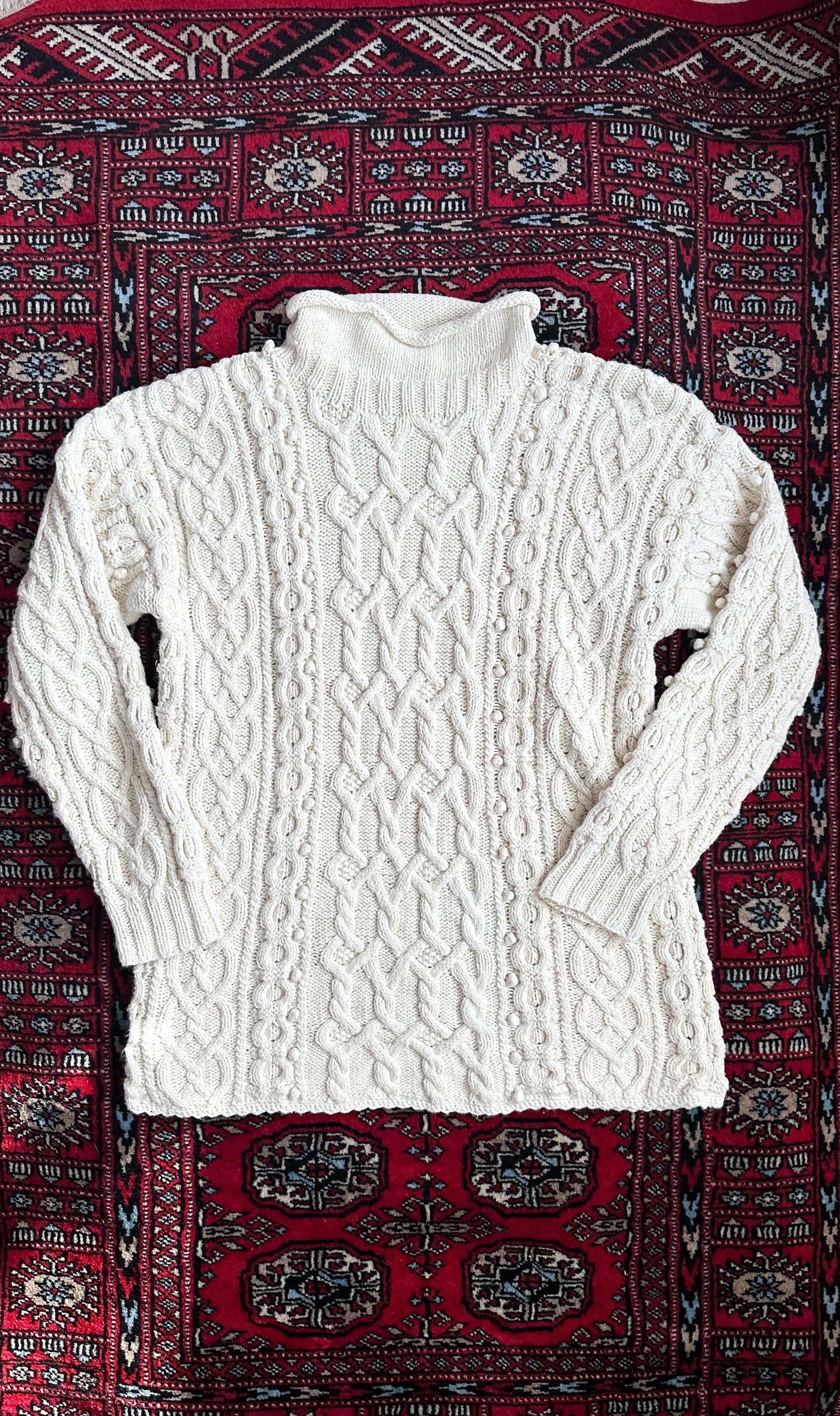 Yarnworks Handknit Cozy Cream Heavy Knit Roll Neck Sweater (M)