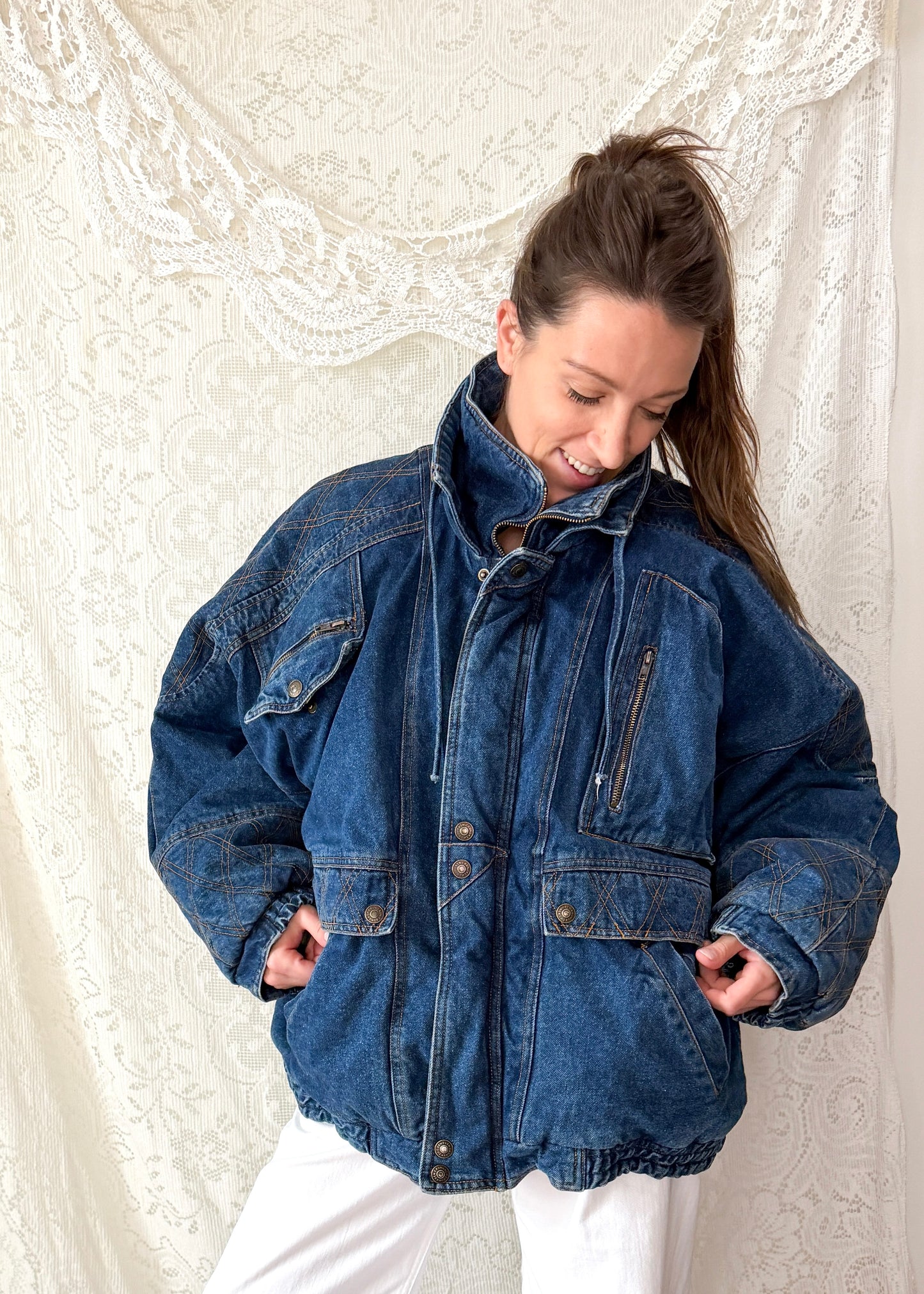 Vintage 90s In Crowd Denim Ski Jacket Southwestern Lined Oversized Coat