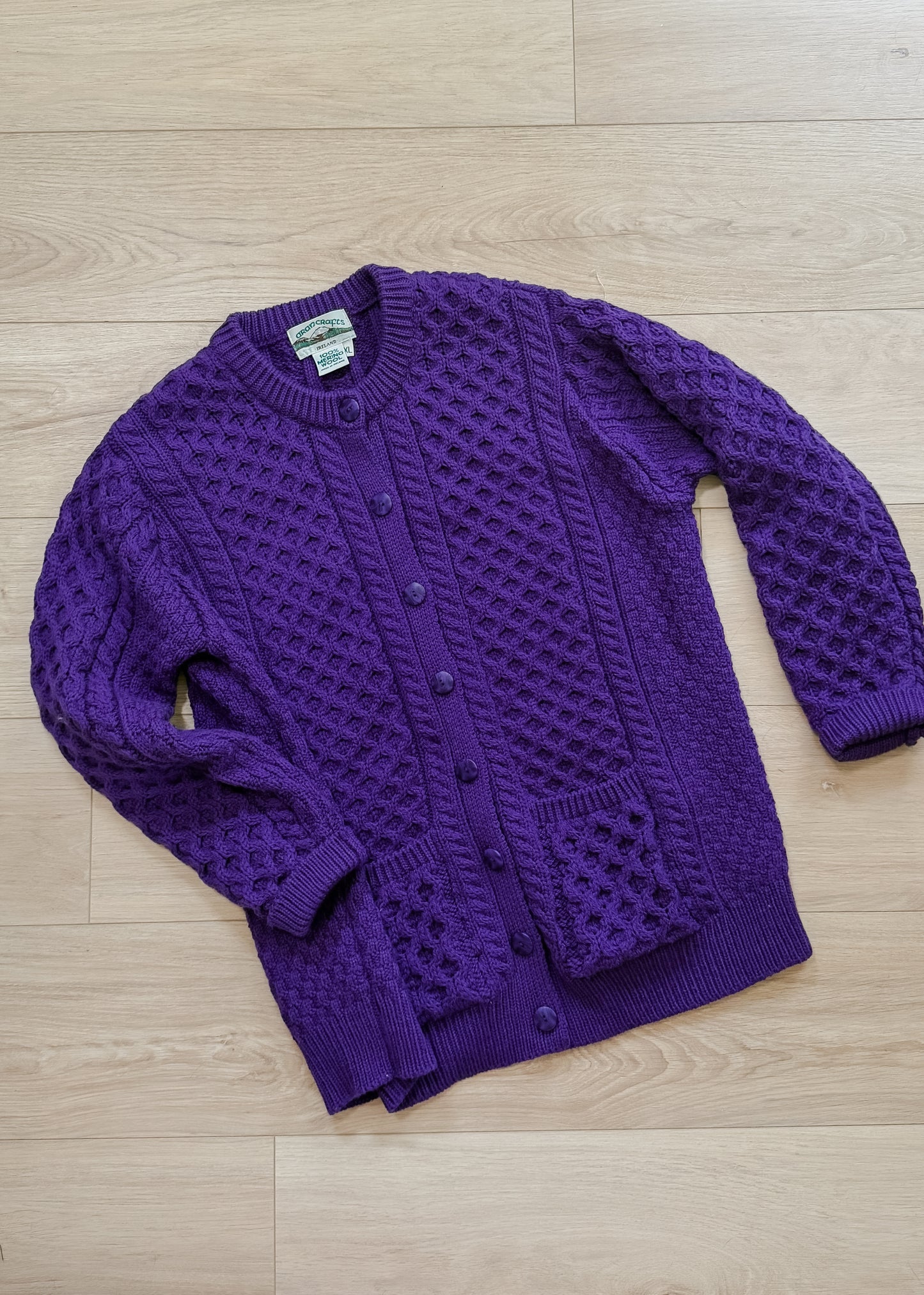 Vintage Aran Crafts Ireland Purple Merino Wool Cable Knit Cardigan (XL)