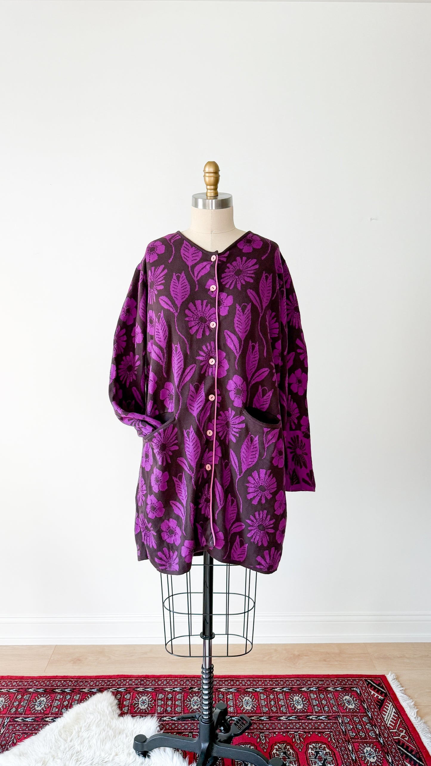 Gudrun Sjoden Purple & Brown Floral Cotton Long Cardigan Jacket (L)